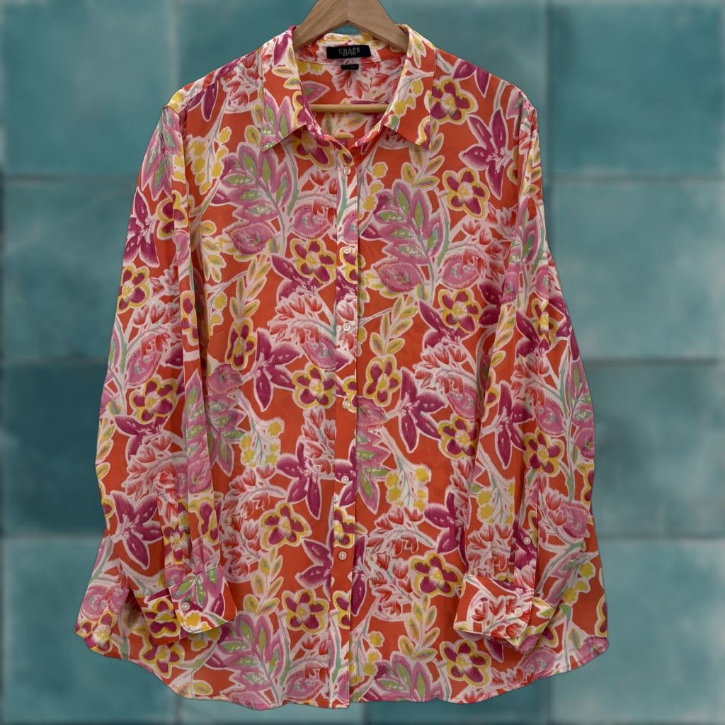 Chaps Chaps Shirt Womens 2X Plus Orange Pink Floral Button Front Long Sleeve Top Boho Size XXL / US 16-18 / IT 52-54 - 1 Thumbnail