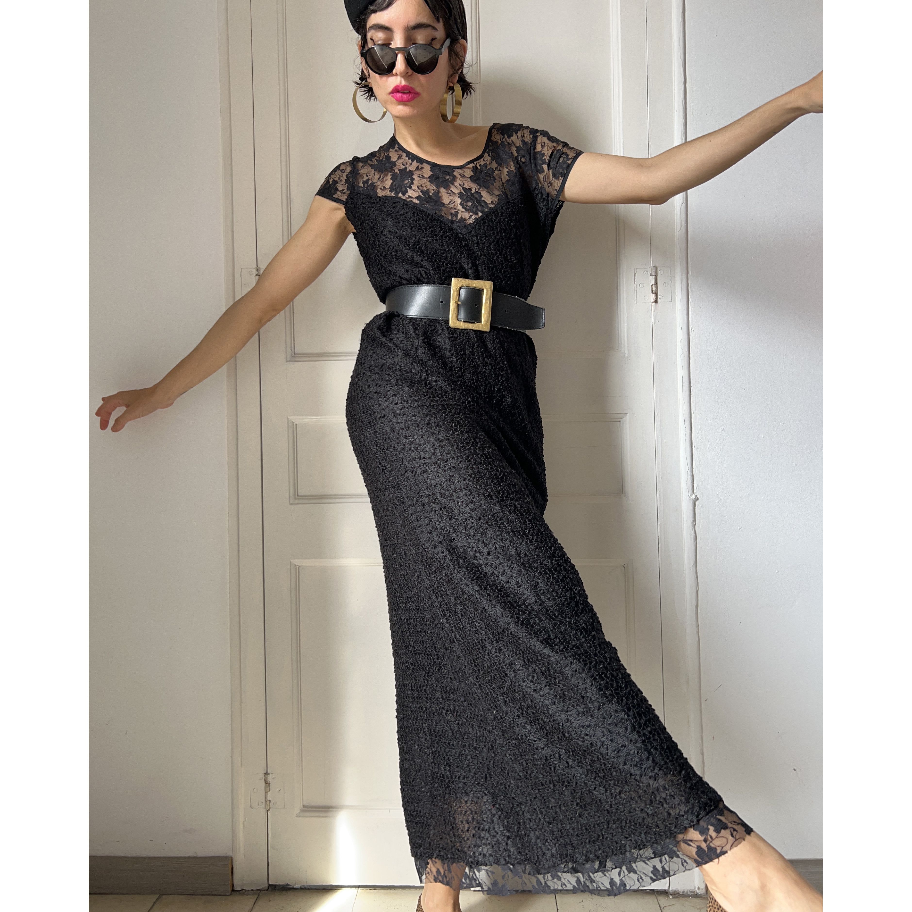 Vintage Vintage 90s Black Bouclé Lace Maxi Dress Size M / US 6-8 / IT 42-44 - 5 Thumbnail