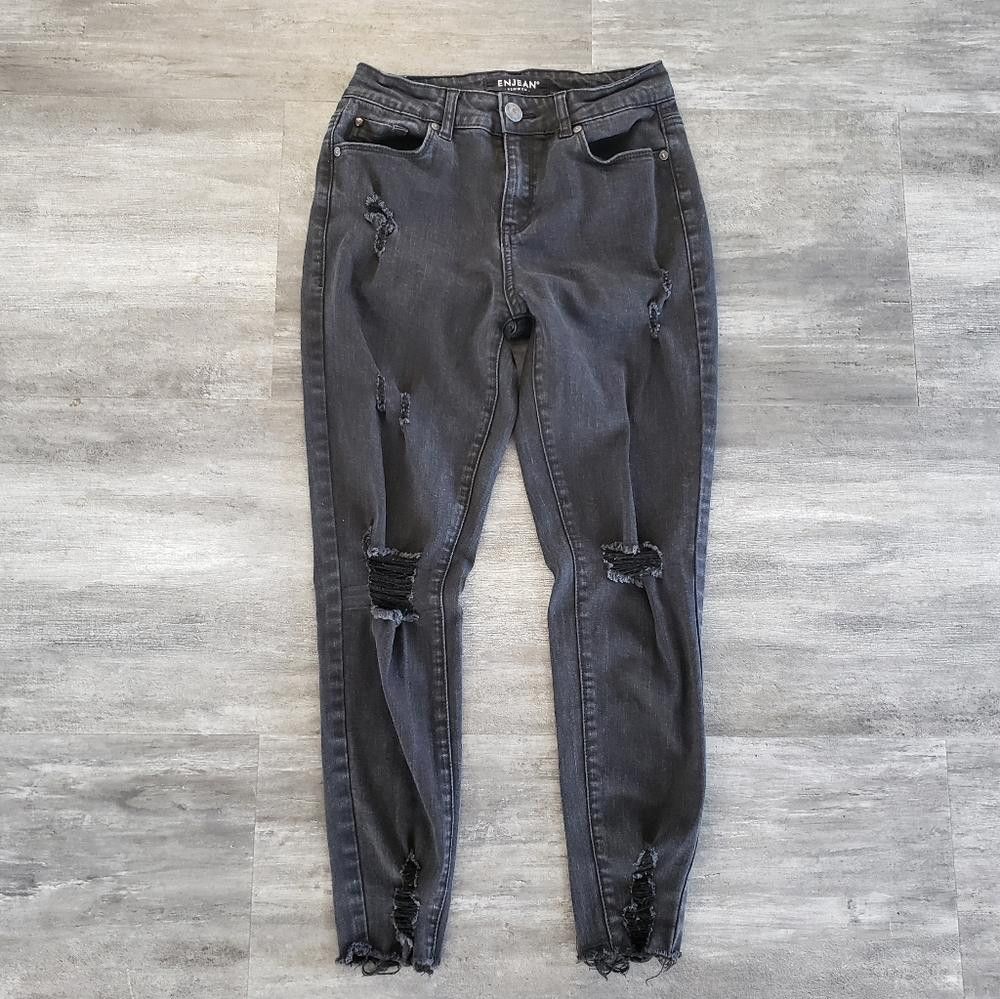 Designer Black Denim Distressed Enjean Boyfriend Jean Size 30" / US 8 / IT 44 - 1 Thumbnail