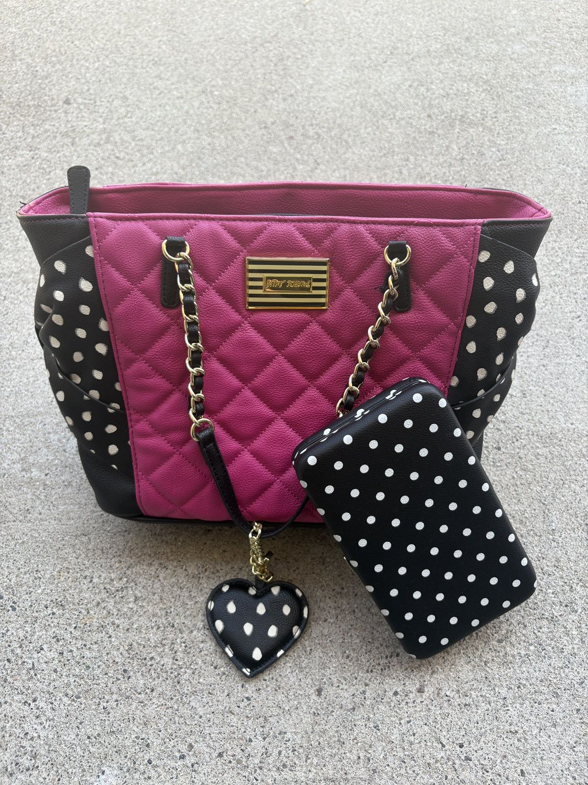 Betsey Johnson Pink & Black Bow/polka Dot Tote Bag Bundle, Women's