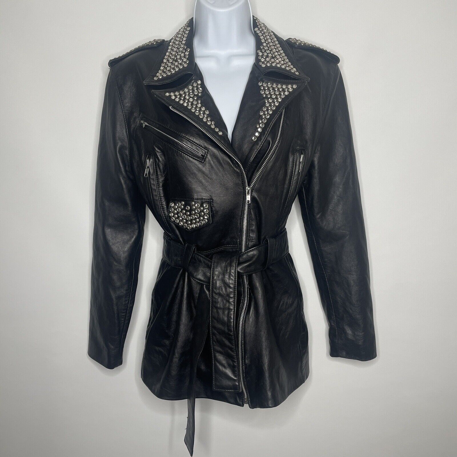 image of L A Roxx x Vintage 80S/90S Black Studded Leather Belted Motocycle Jacket, Women's (Size Small)