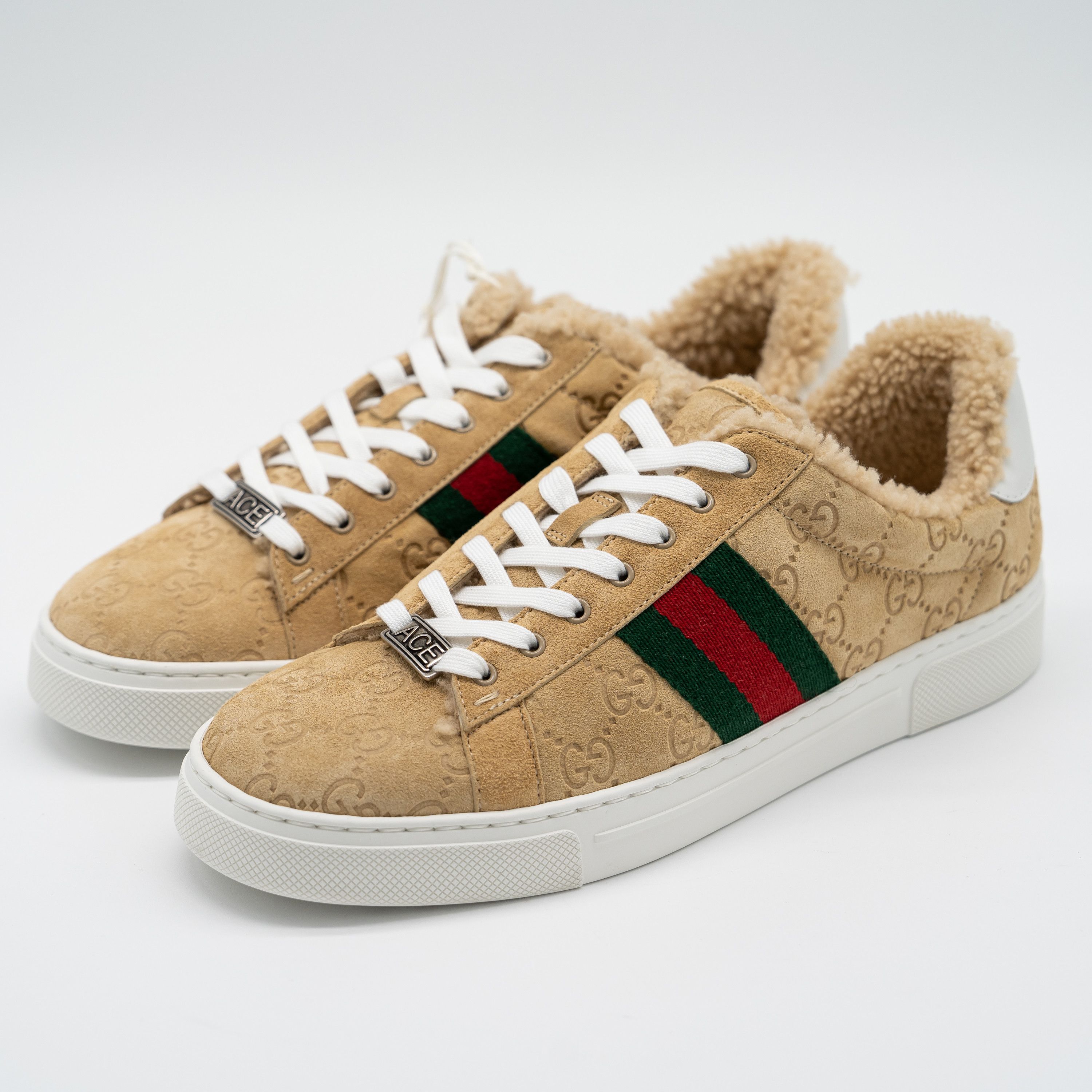 Gucci 9.5 US Gucci Ace GG Brown Mutton Fur Shearling Web Sneakers Size US 9.5 / IT 39.5 - 1 Thumbnail