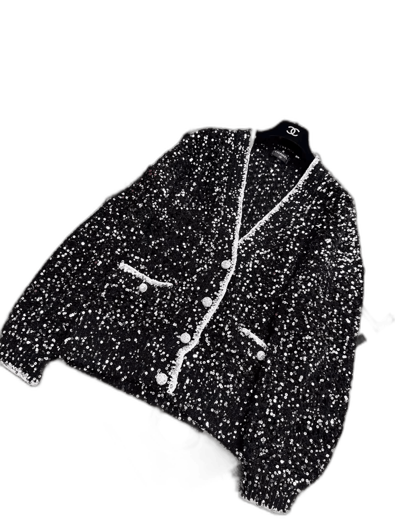 Chanel Chanel Black Sequin Knit Cardigan with White Trim Size S / US 4 / IT 40 - 1 Thumbnail