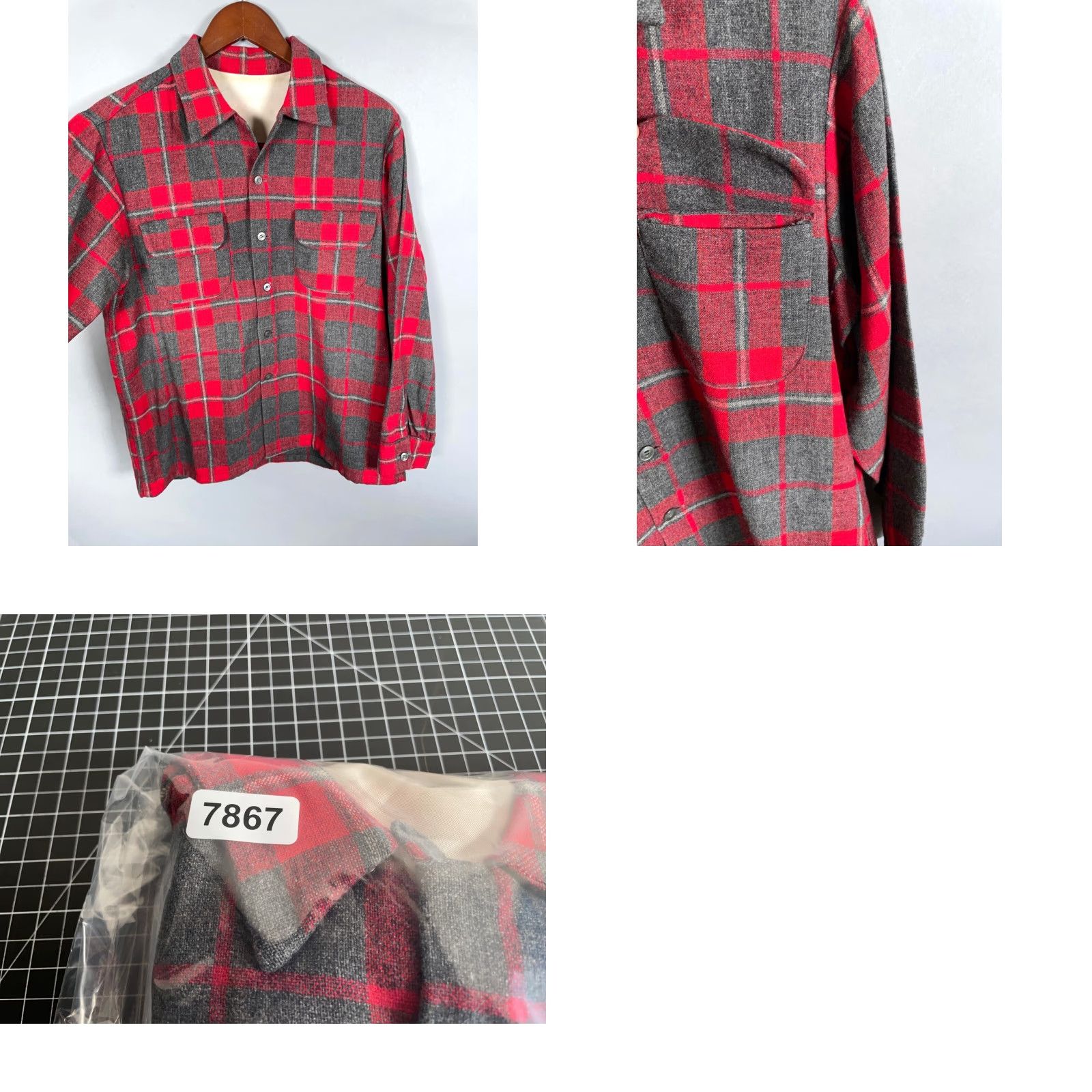 Vintage VINTAGE 70s Wool Flannel Shirt Men M Red Gray Plaid Loop Collar Pockets Button-Up, Old School, Casual Workwear Size US M / EU 48-50 / 2 - 9 Thumbnail