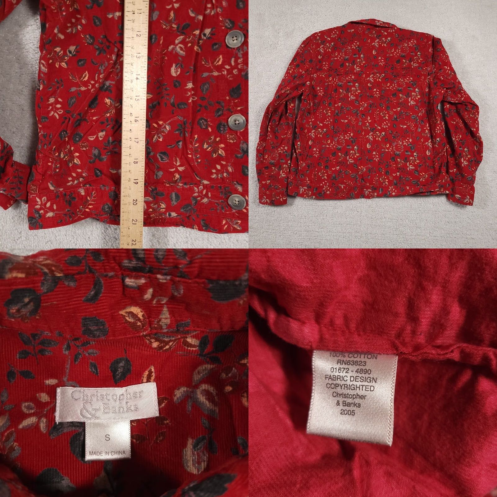 Vintage Christopher & Banks Corduroy Jacket Women’s Small Red Floral Crop Jacket Size S / US 4 / IT 40 - 8 Thumbnail