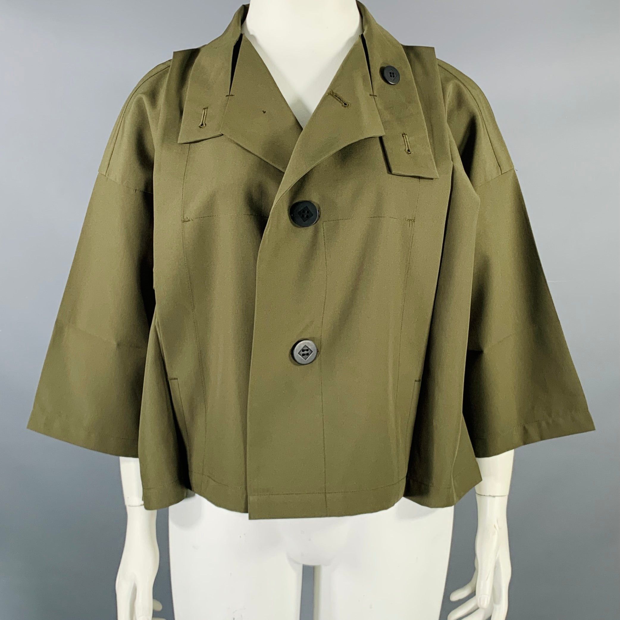 image of Issey Miyake Olive Green Polyester Dolman Sleeve Jacket, Women's (Size Large)