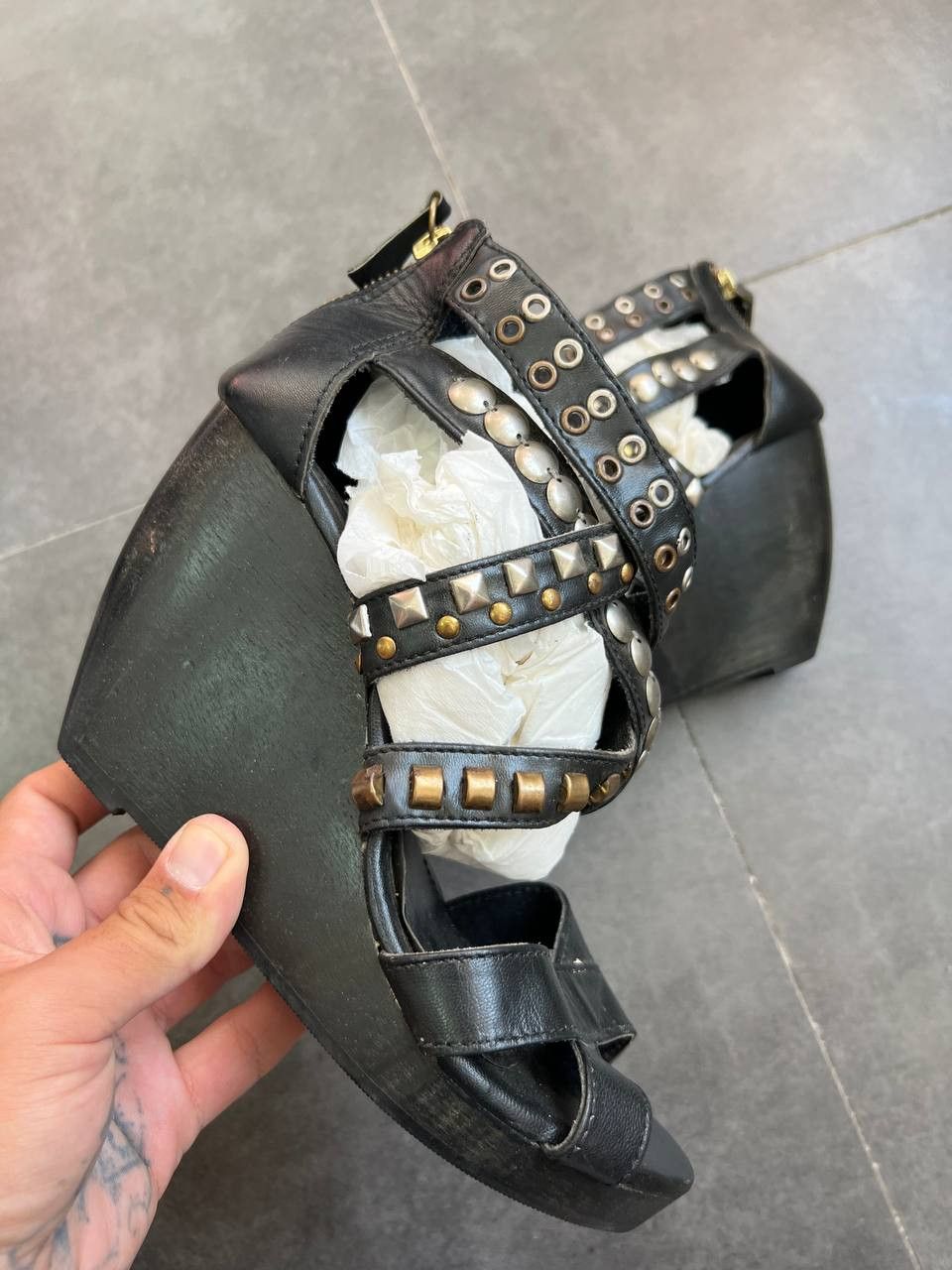 Japanese Brand Studded avant Garde leather ankle heel wedge sandals Size US 9 / IT 39 - 2 Thumbnail