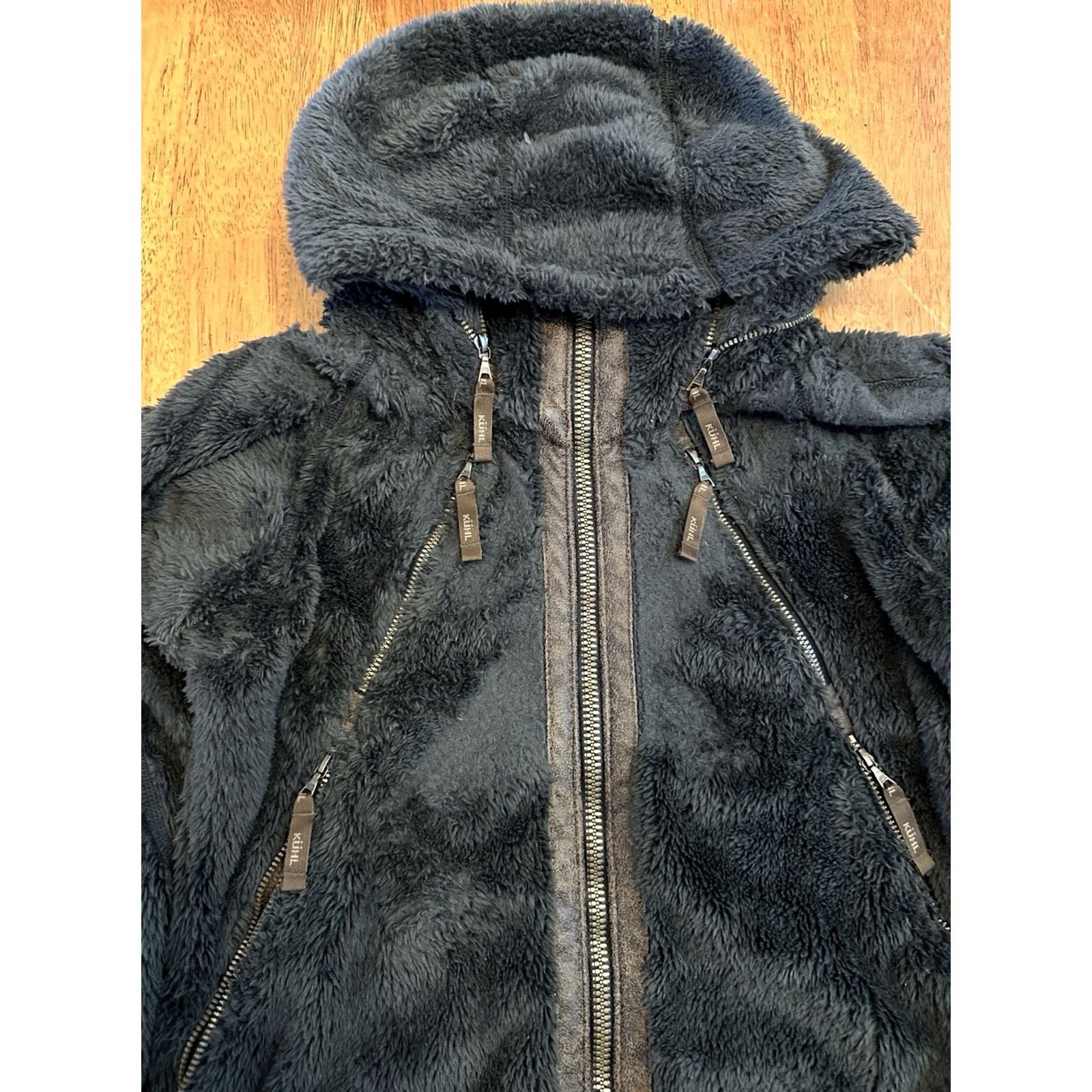 Vintage Kuhl Flight Jacket Hoodie Women M Sherpa Fleece Zip Up Distress Charcoal With Brown Trim Size M / US 6-8 / IT 42-44 - 2 Thumbnail