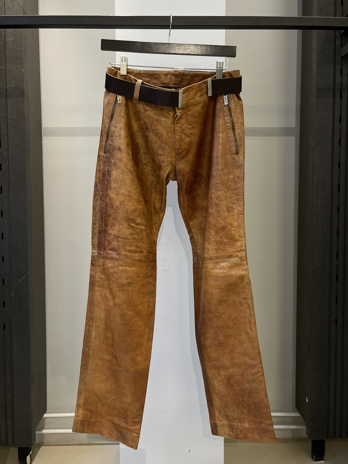 image of Dirk Bikkembergs 90's Vintage Lamb Leather Belted Pants in Brown, Men's (Size 30)