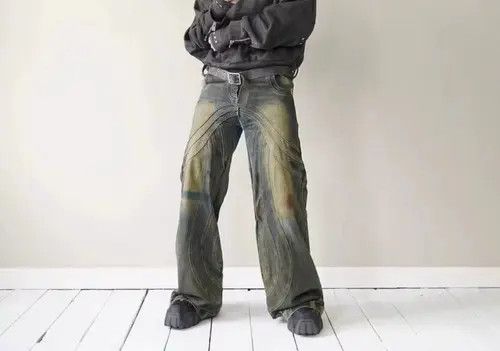 image of Retro Distressed Splash Striped Wide-Leg Draped Jeans in Washed Blue, Men's (Size 32)