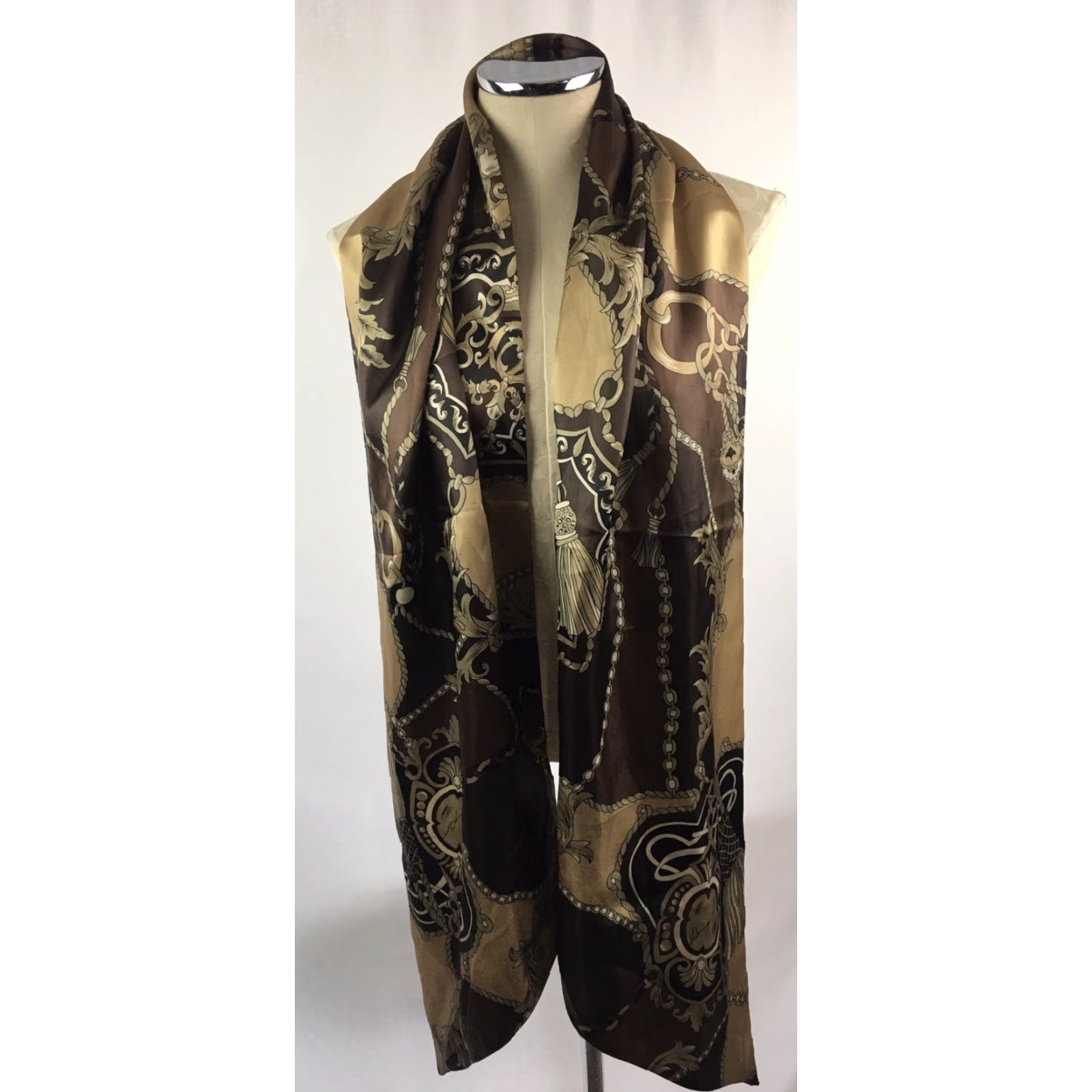 Vintage VINTAGE Dennis Basso Scarf Brown Gold Classic Chain Print 12 x 41" Plus Size Satin Polyester Women Rectangle Scarf 1X Size ONE SIZE - 6 Thumbnail