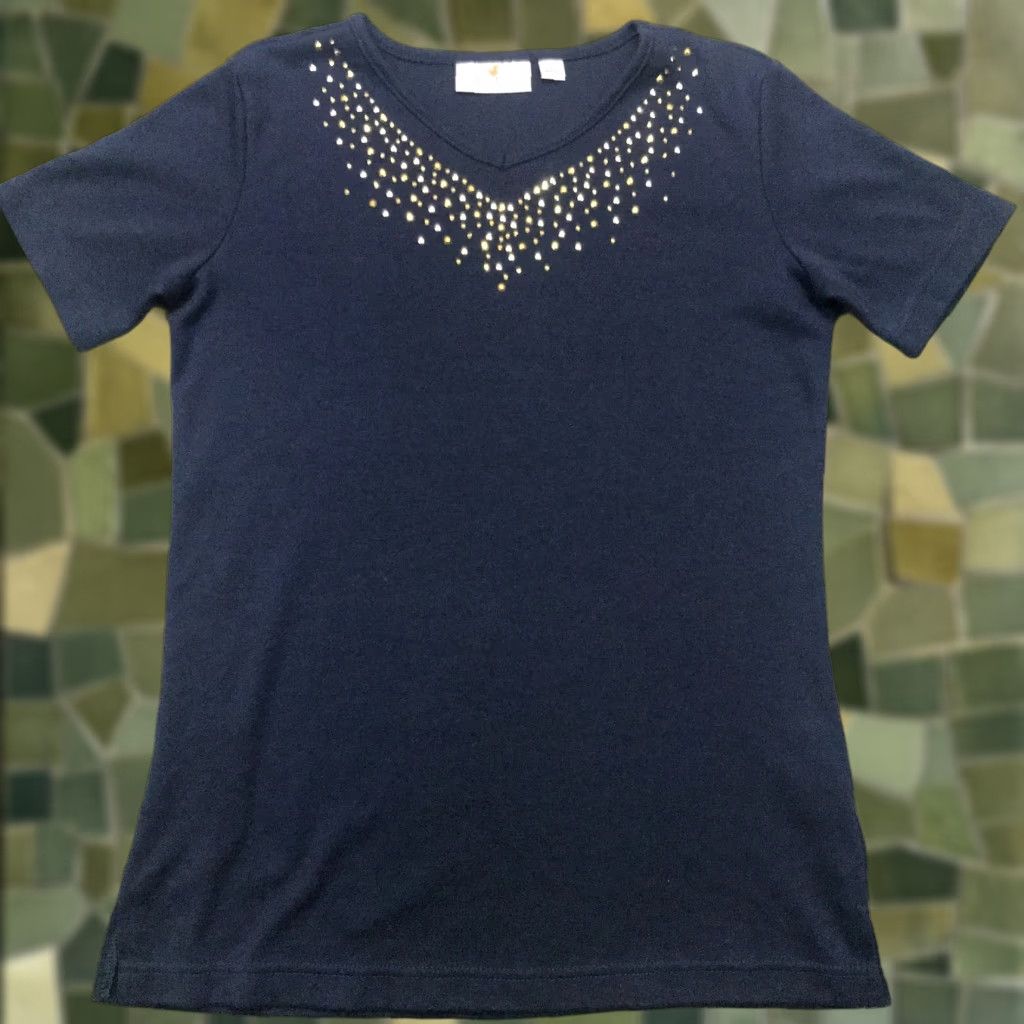 Quacker Factory Quacker Factory V-Neck Shirt Womens XX-Small Blue Rhinestones Embellished Cotton Blend Knit Short Sleeve Size XXS / US 00 / IT 34 - 1 Thumbnail