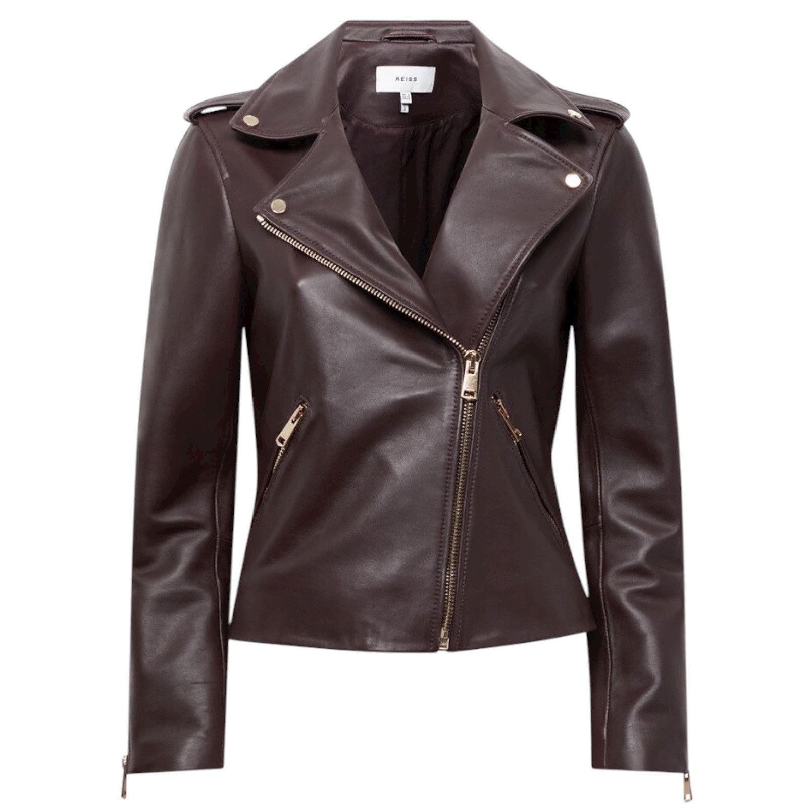 Reiss Leiya Lamb Leather Moto Jacket In Berry Red Size 4