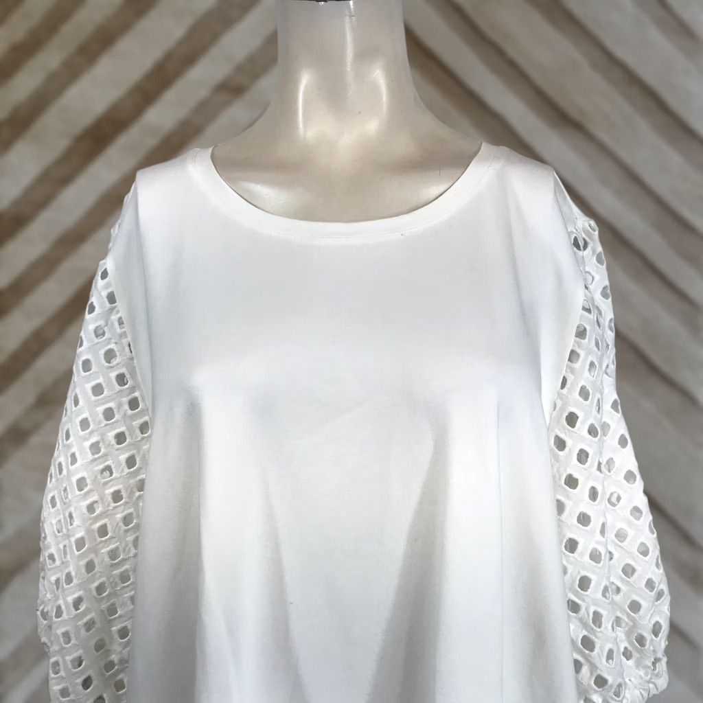 Vintage Chicos White Knit Top Crew Neck Size 4 XXL Relaxed Fit Eyelet Puff Sleeve Size XXL / US 16-18 / IT 52-54 - 1 Thumbnail