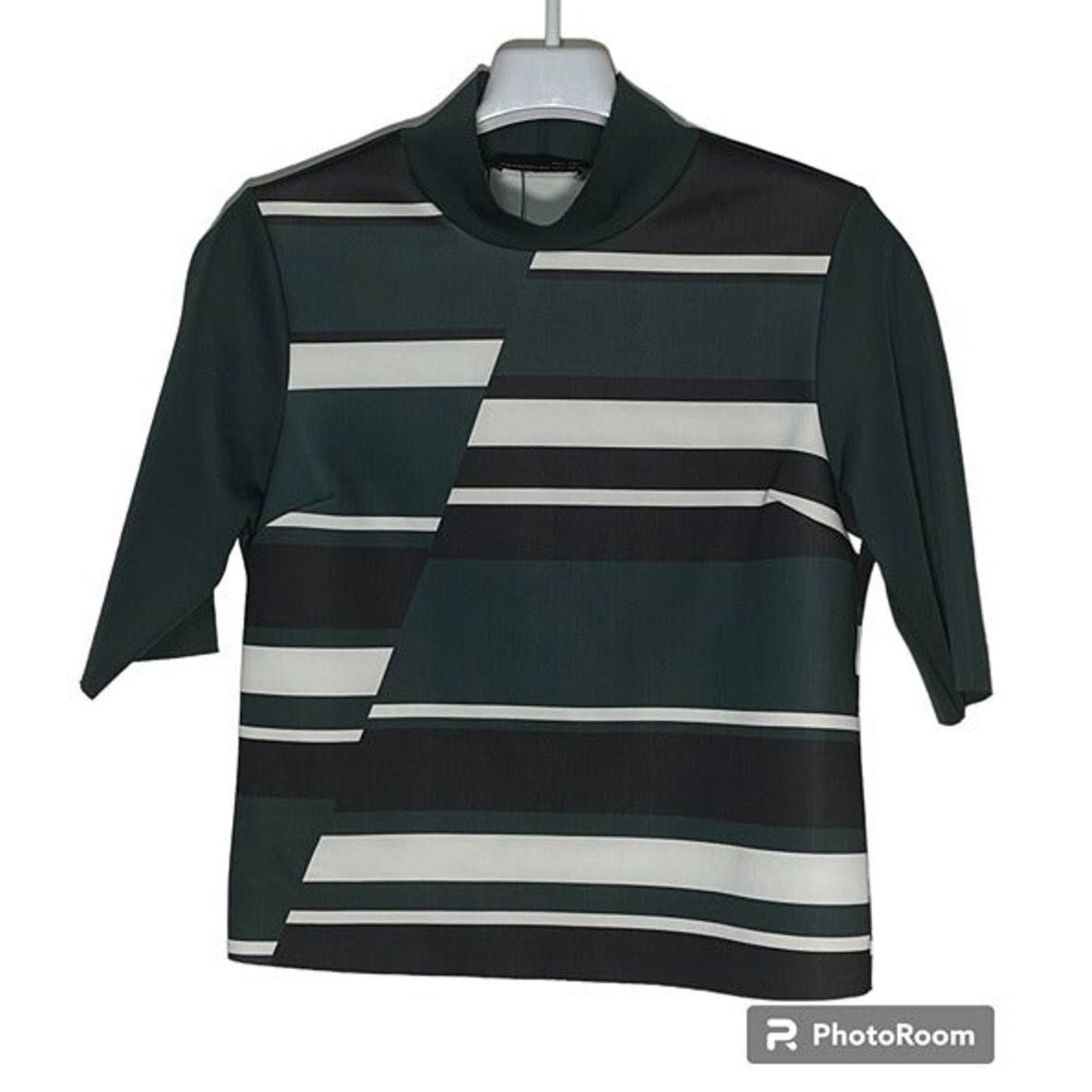 Zara Zara Crop Top Offset Striped Black Olive Blouse Size S USED Size S / US 4 / IT 40 - 2 Thumbnail