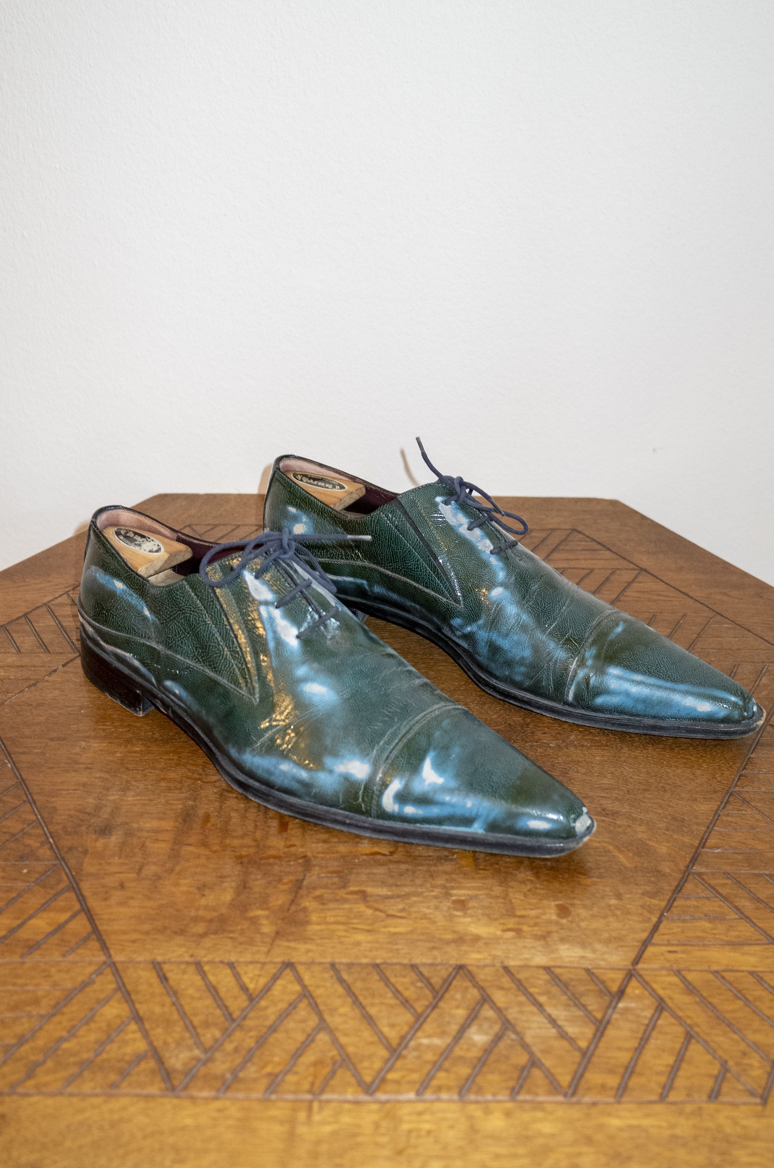 image of Cesare Paciotti Patent Leather Turquoise Distressed Leather Pointed Shoes in Turqouise (Size 11)