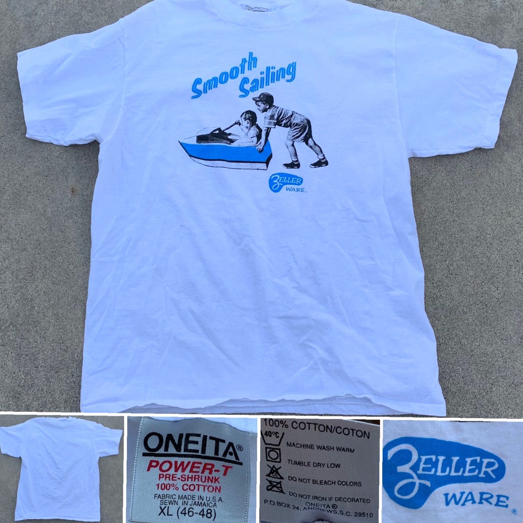 Vintage VINTAGE Oneita Power-T t-shirt Graphic Print Men's XL White Crew Neck Short Sleeve 90s Vintage Sailing Boat Zeller Ware Smooth Sailing Size US XL / EU 56 / 4 - 4 Thumbnail