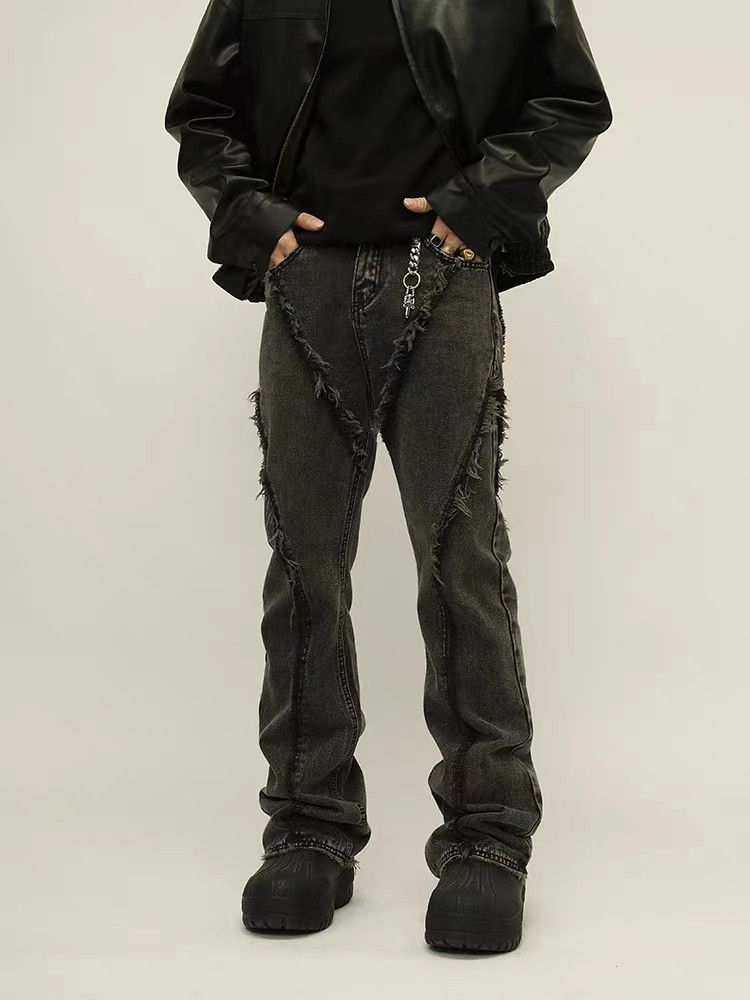 Retro distressed patchwork raw edge bootcut jeans