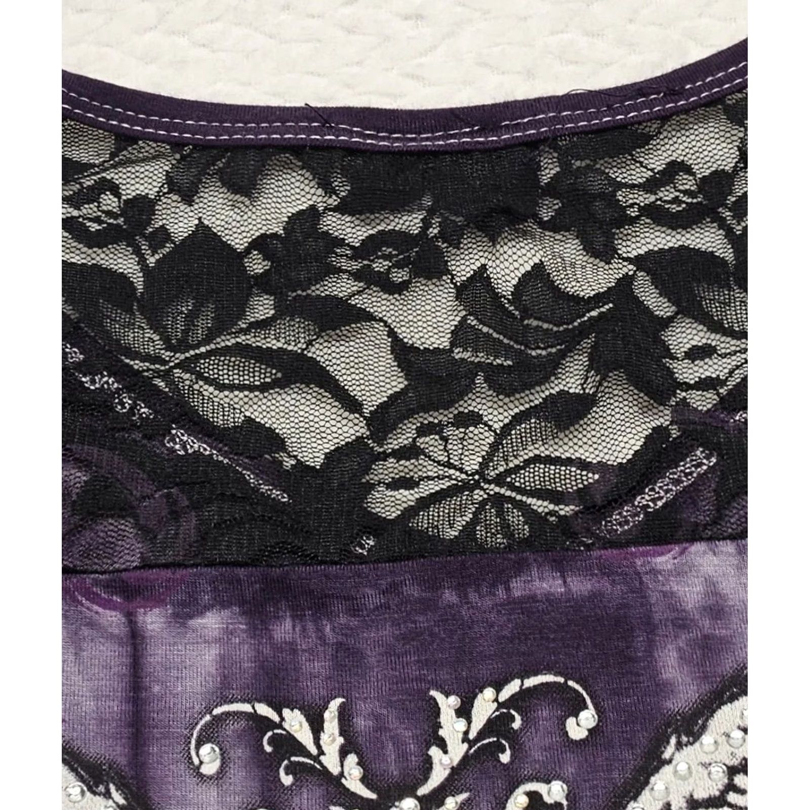 Vintage Y2K Women’s Lace Inserts Gothic Cross Rhinestones Royal Purple USA Small Shirt Womens Purple Lace Blouse Rhinestone USA 90s Gothic Size S / US 4 / IT 40 - 4 Thumbnail