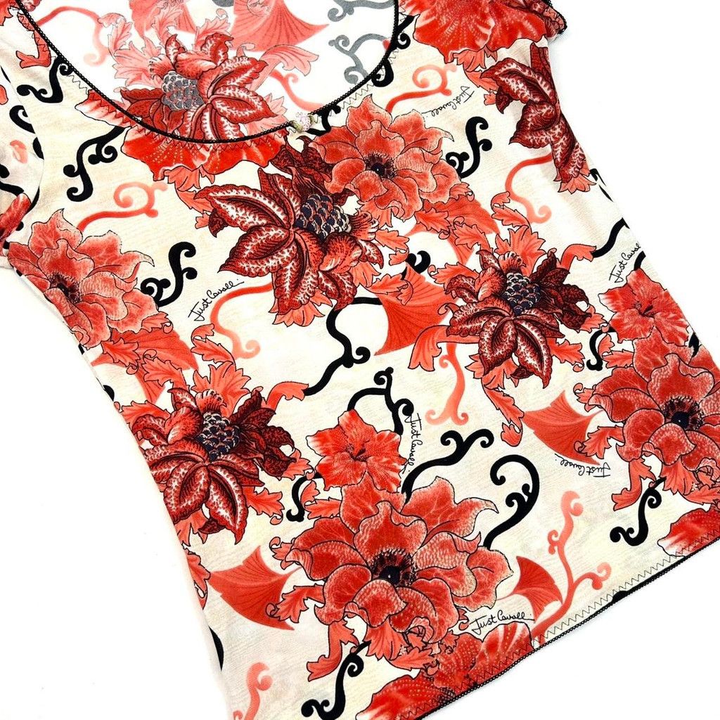 Just Cavalli y2k Cavalli white short sleeve top, red black floral print Size L / US 10 / IT 46 - 8 Thumbnail
