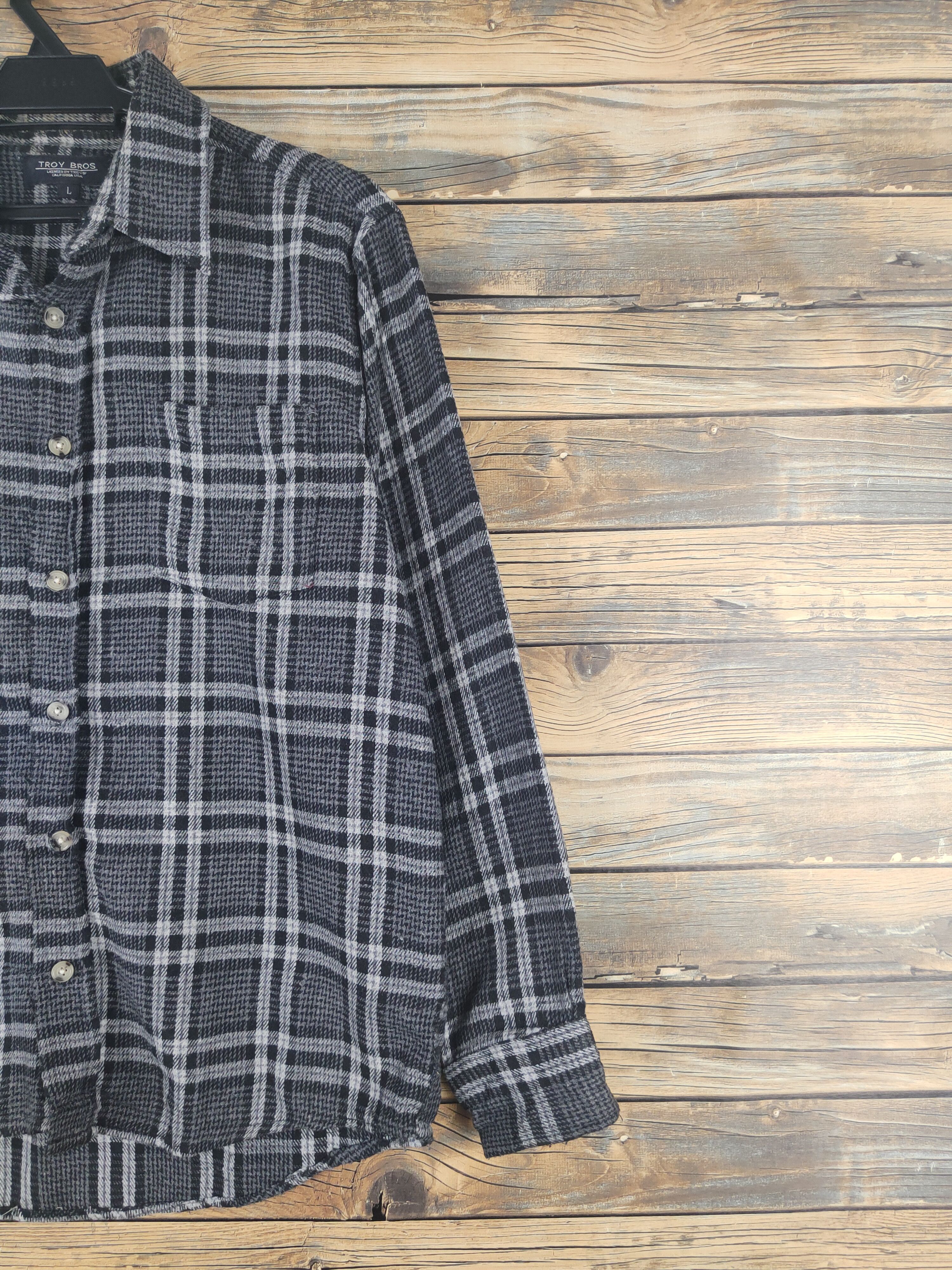 Homespun Knitwear × Japanese Brand × Vintage Retro Troy Bros Black Gray Long sleeves Button Up Shirts Size L / US 10 / IT 46 - 5 Thumbnail