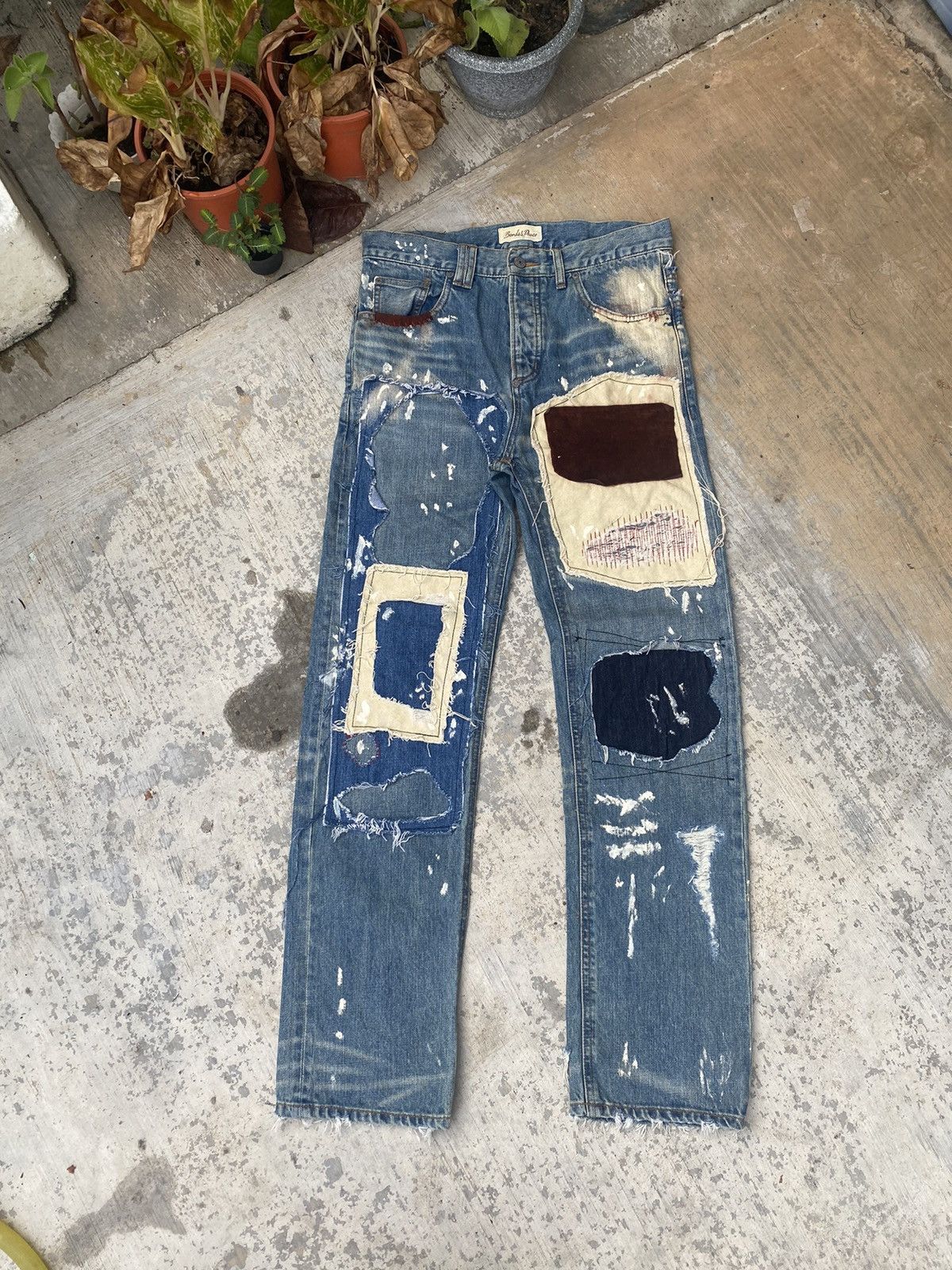 image of Distressed Denim x Kapital boards & Peace Sashiko Patchwork Denim Pants in Blue Patchwork (Size 31)