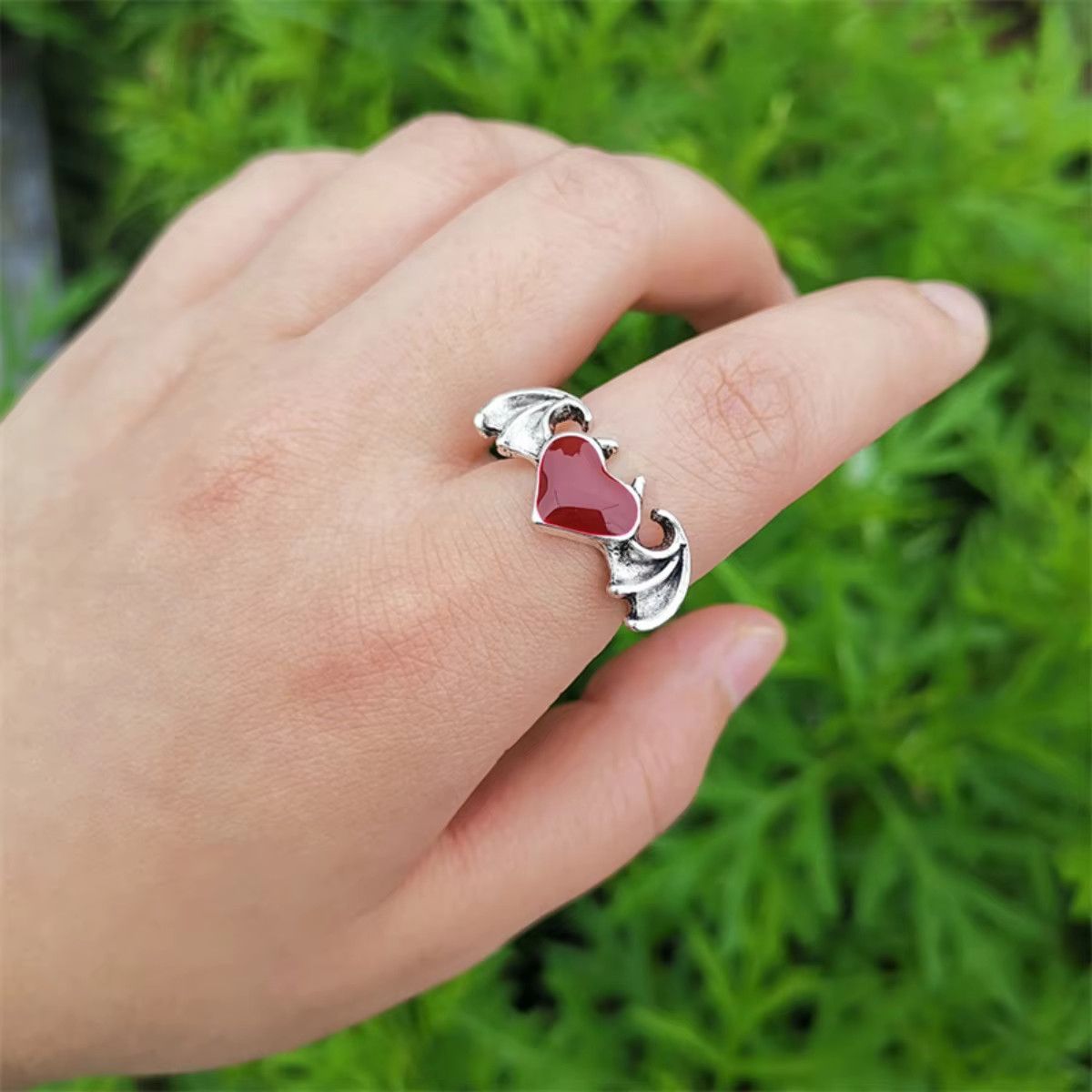 Jewelry Retro Black Red Love Heart Demon Wings Rings Size ONE SIZE - 1 Thumbnail