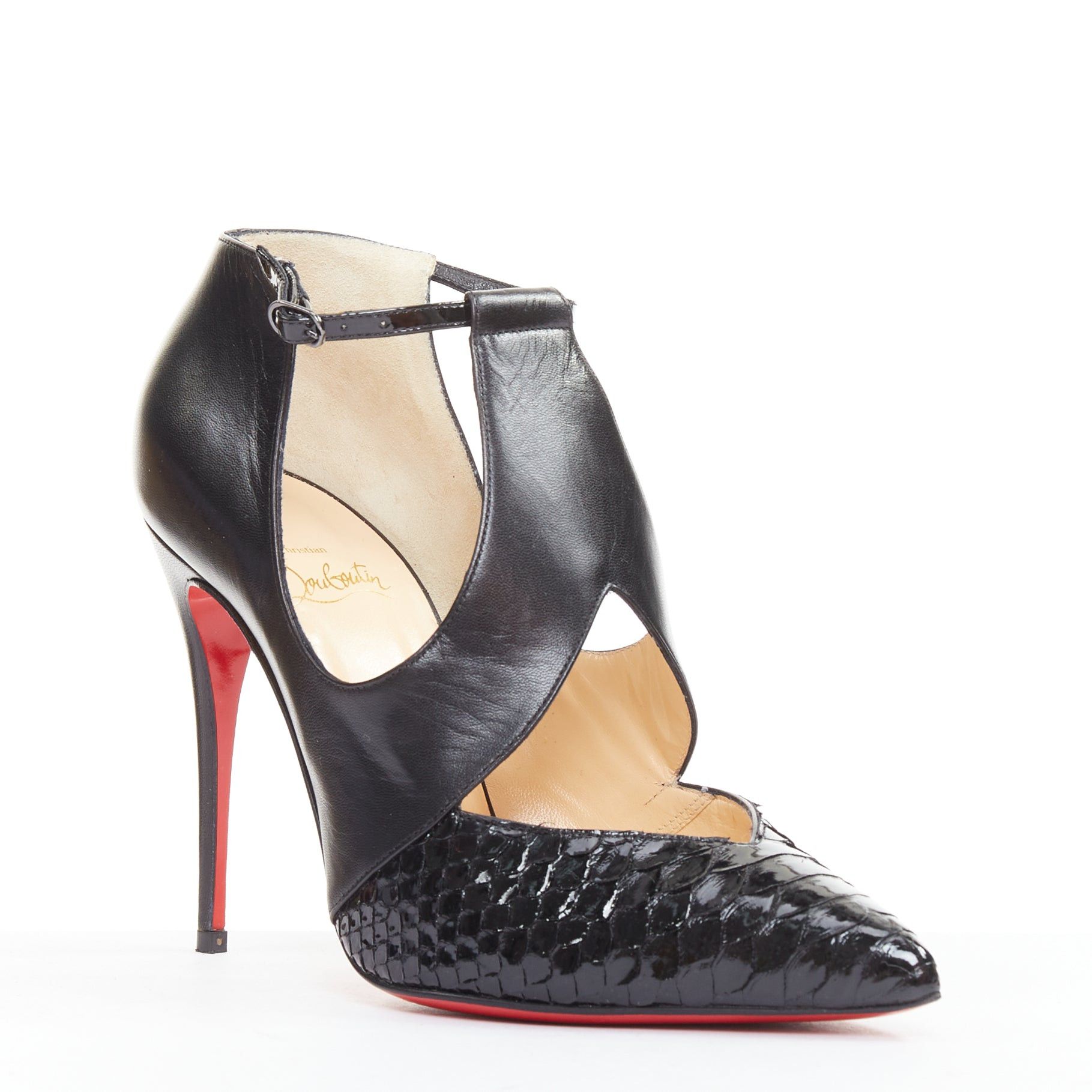 Christian Louboutin CHRISTIAN LOUBOUTIN Dictata 100 black polished scaled toe cut out T-strap pumps EU37.5 Size US 7.5 / IT 37.5 - 1 Thumbnail