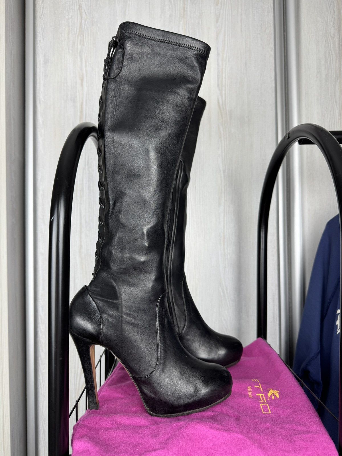 ETRO black soft leather knee length heel boots