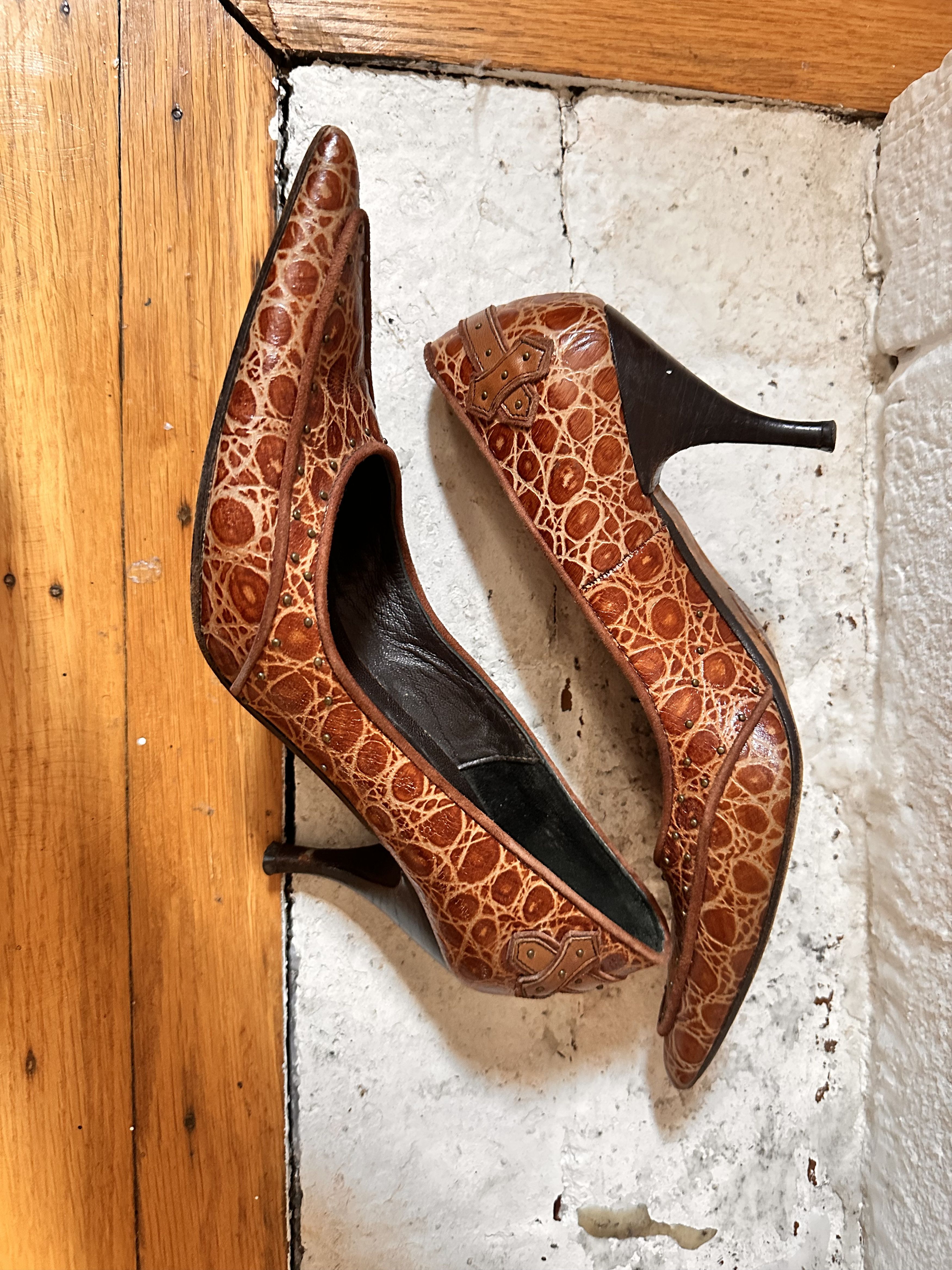 Leather VINTAGE Y2K DESIGNER BROWN LEATHER STUDDED HEELS_ 8US Size US 8 / IT 38 - 5 Thumbnail