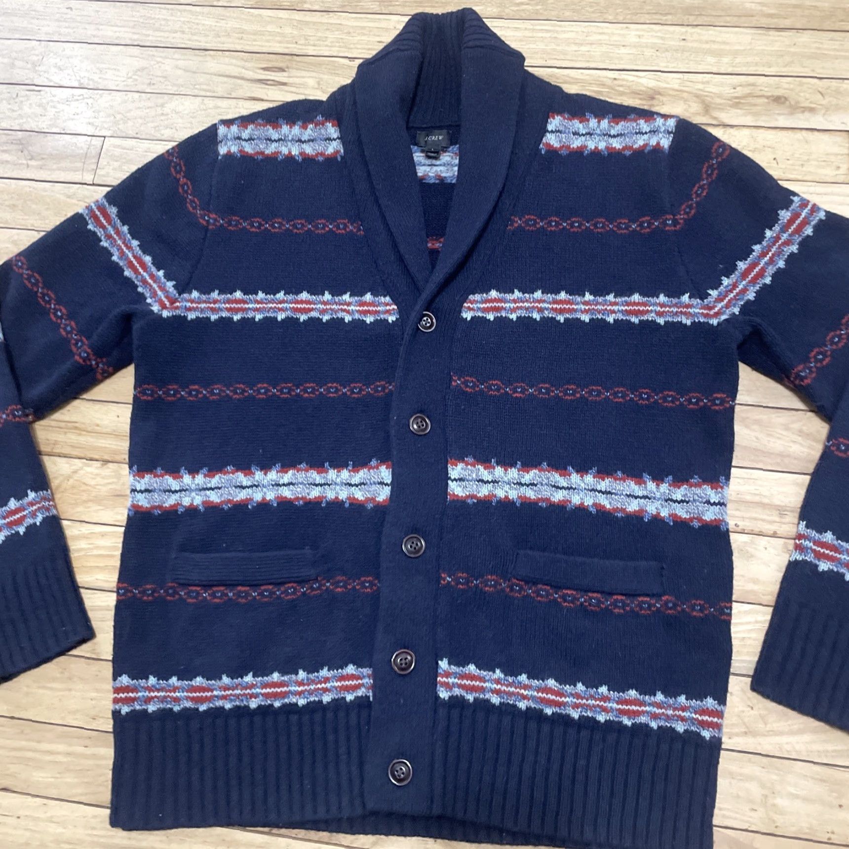 J.Crew J.CREW Shawl Cardigan 100% Lambs Wool Heavy Sweater Blue Red Mens L Fairisle Wool Cardigan Size US L / EU 52-54 / 3 - 3 Thumbnail
