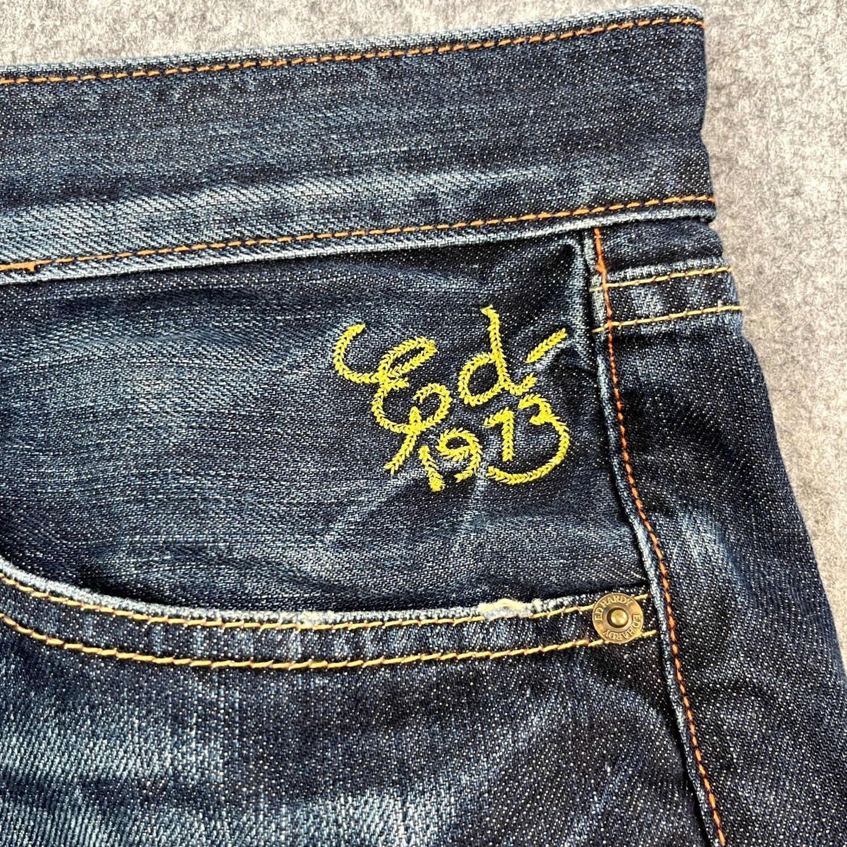 Ed Hardy Ed Hardy Jeans Bootcut Mens Regular 34 Blue Dark Wash 5-Pocket Denim Vintage? No 30 Inside Leg 30 in 34 in WC Size US 34 / EU 50 - 7 Thumbnail