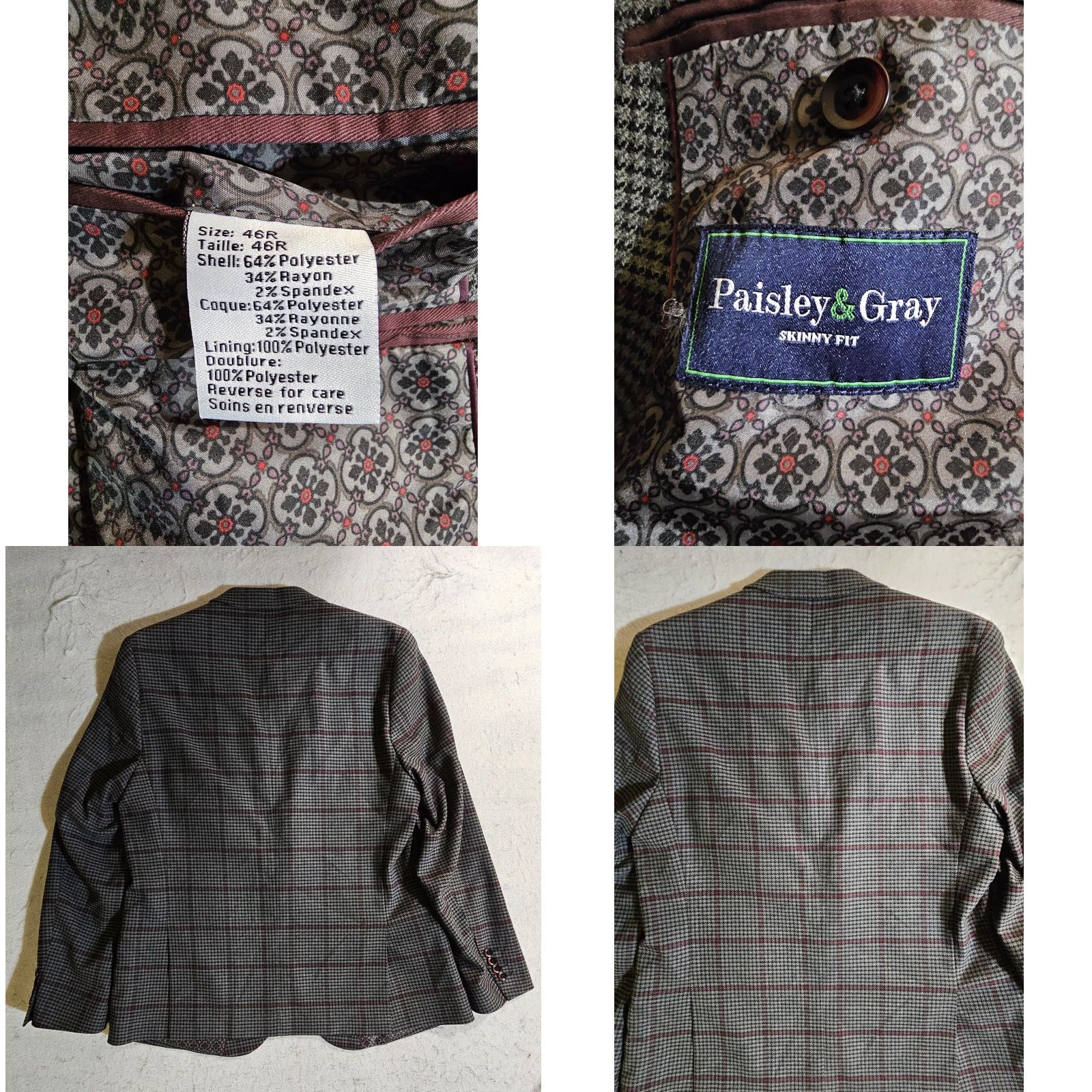 Vintage Paisley & Gray Blazer Slim Fit Gray & Maroon Check Plaid Two Button Men's 46 Reg Size 46R - 8 Thumbnail