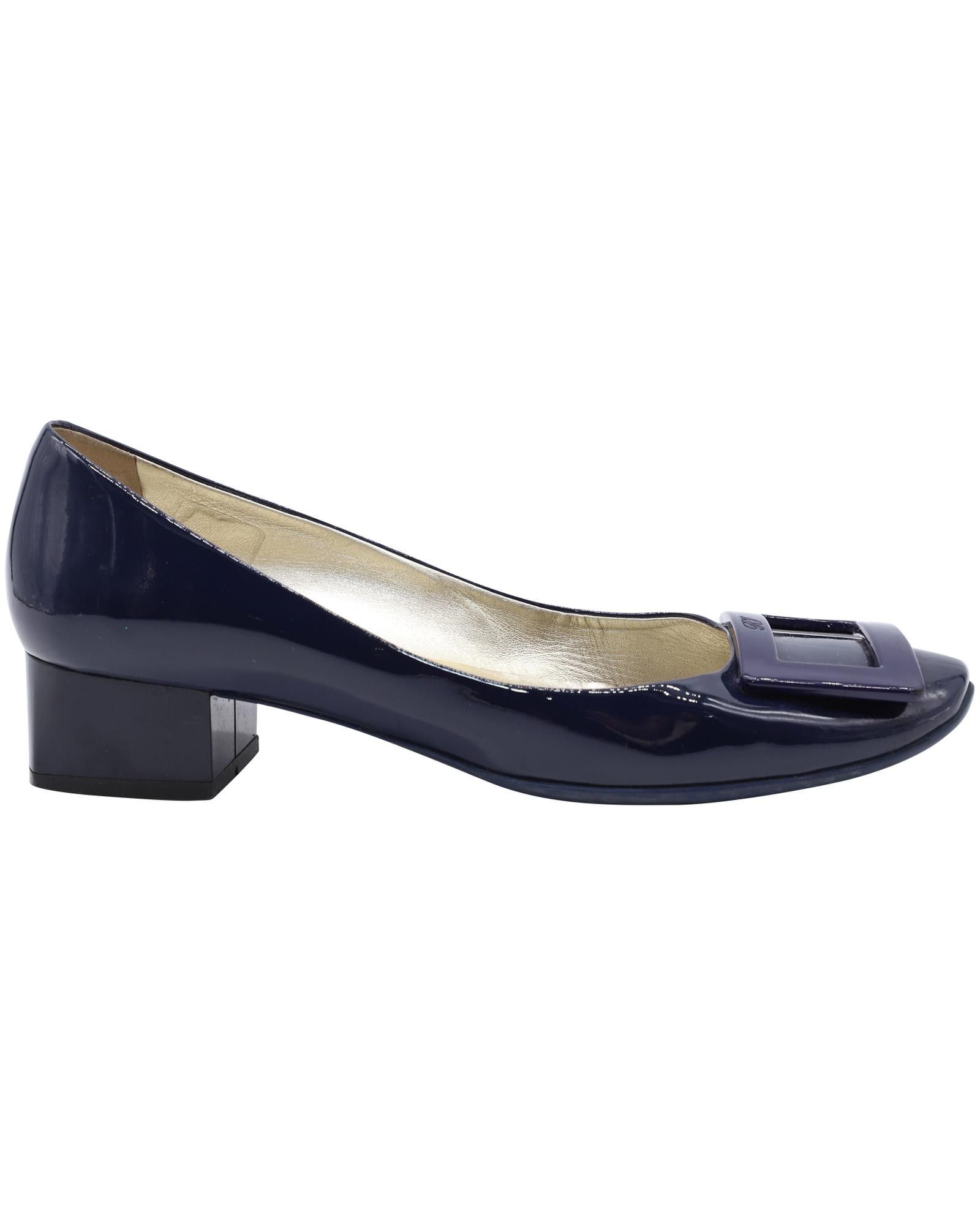 image of Roger Vivier Navy Blue Patent Leather Pumps With Iconic Buckle Accent Shoes, Women's (Size 9)