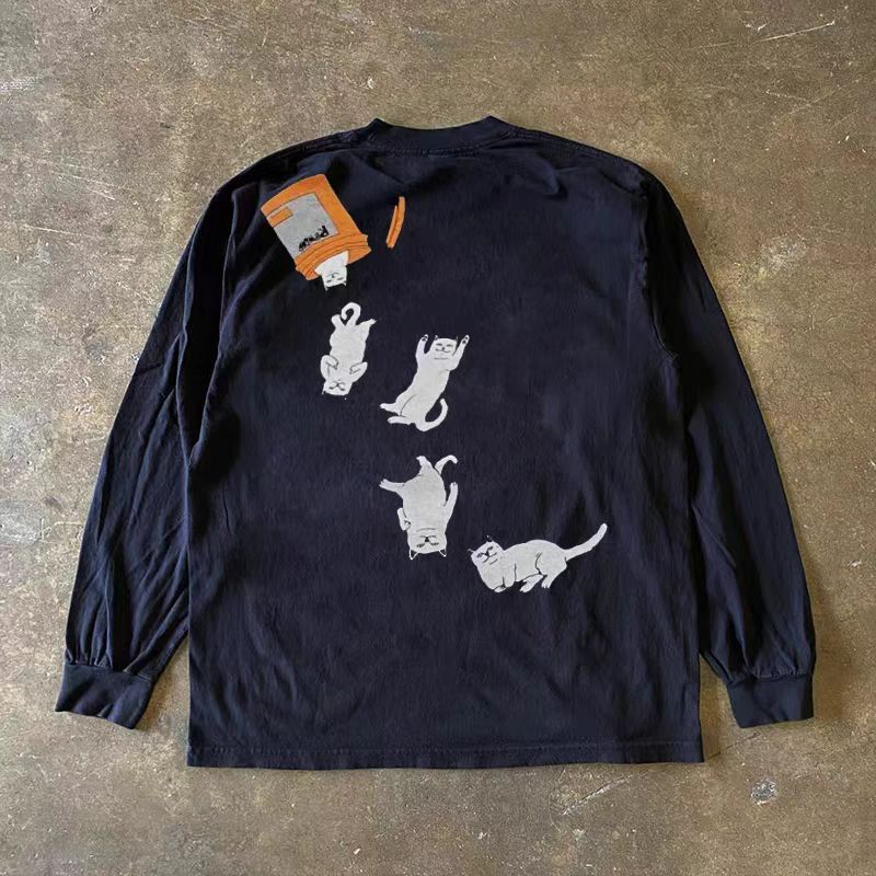 Vintage Black retro cartoon cat print long-sleeved t-shirt Size US M / EU 48-50 / 2 - 1 Thumbnail