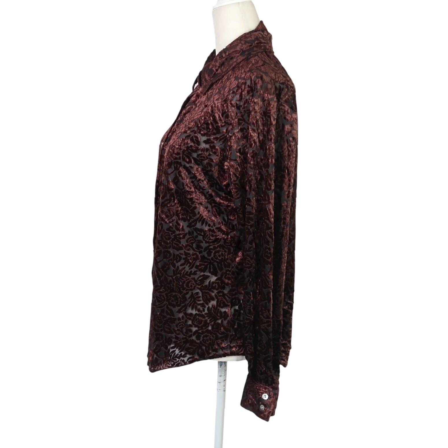 Velvet VINTAGE Bentley Brown Floral Velvet Burnout Button-Down Top M Womens Long Sleeve 90s Bohemian 90s Floral Vintage Size M / US 6-8 / IT 42-44 - 3 Thumbnail