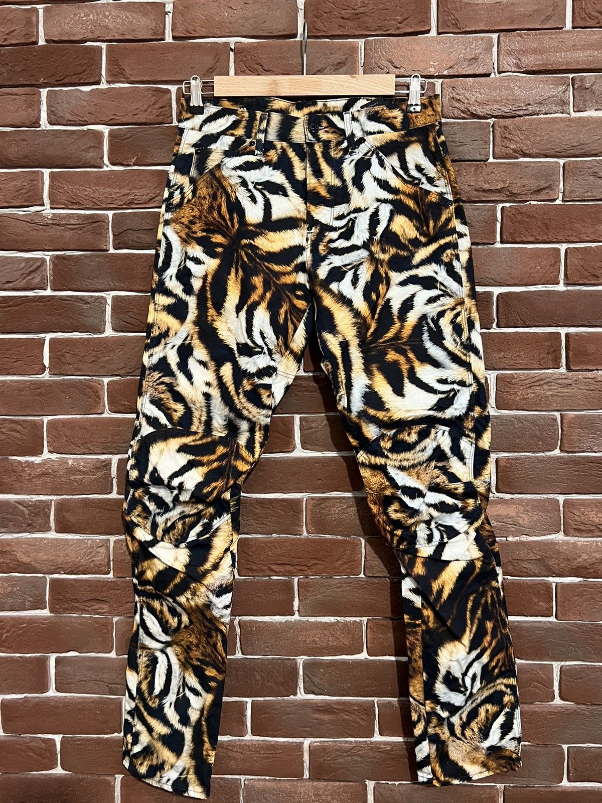 image of Pharrell G Star Raw Tiger Print Biker Pant Avant Garde in Beige Brown Blue, Men's (Size 30)