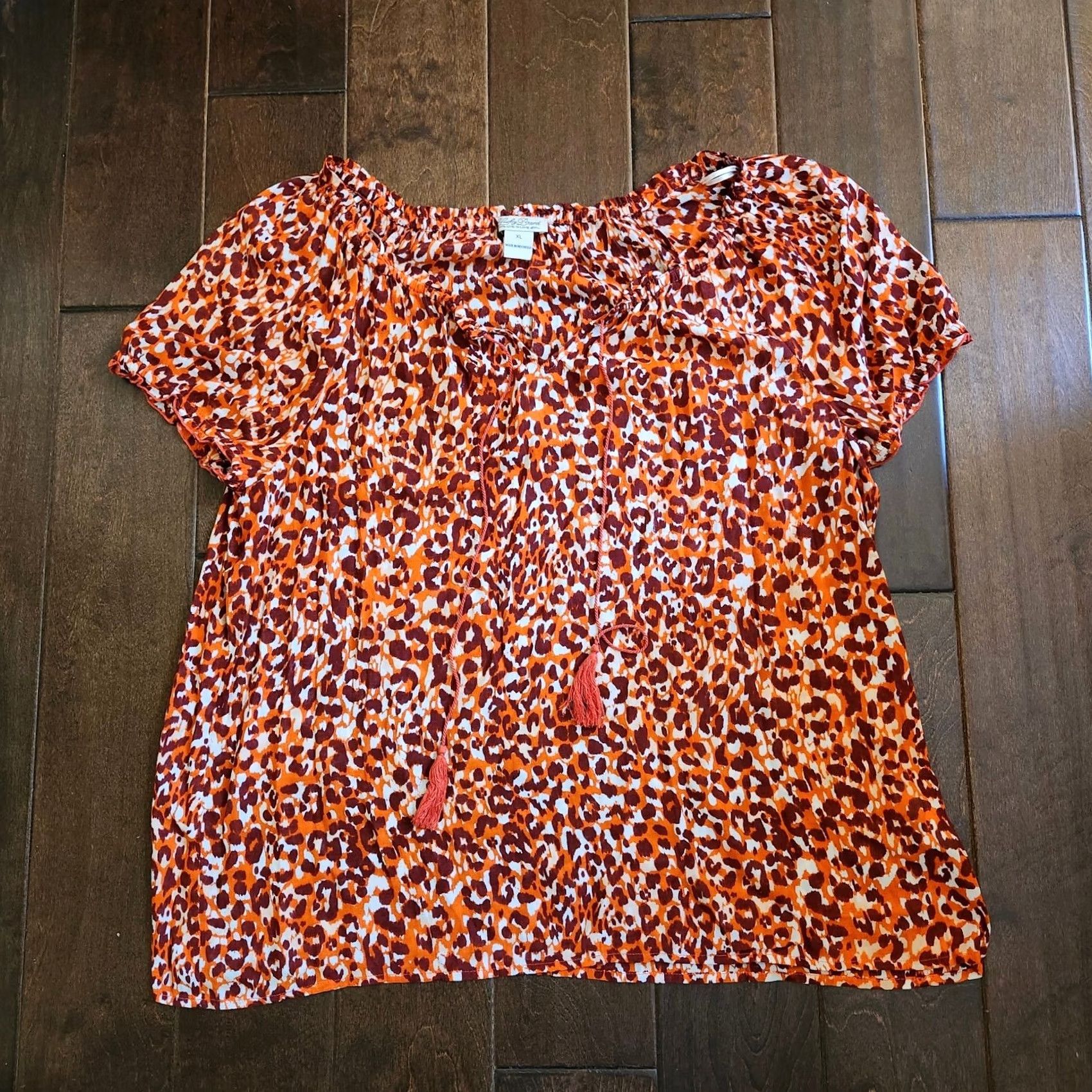 Lucky Brand Lucky Brand Leopard Cheetah Print Blouse W/ Tassel - Size XL, Multicolor, Short Sleeve, Rayon, Pullover, Regular Fit, Women's Blouse Size XL / US 12-14 / IT 48-50 - 2 Thumbnail