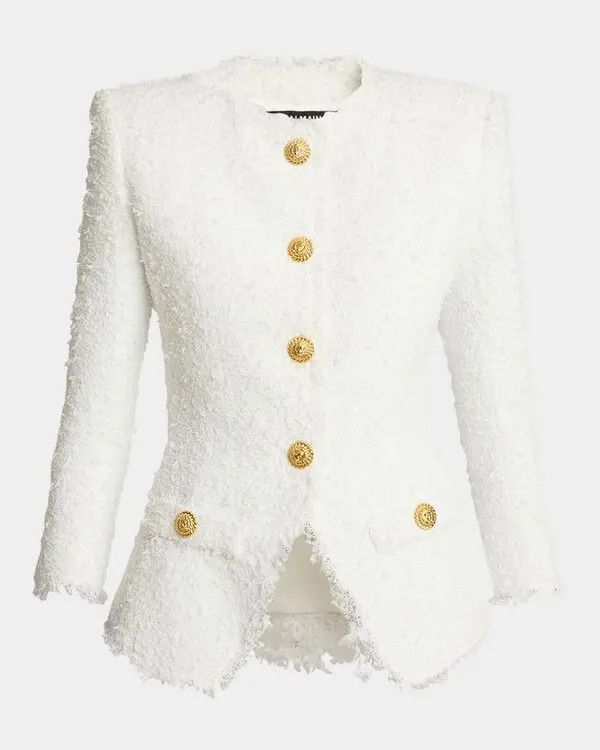 Balmain o1s1wg111225 Collarless Tweed Jacket in White Size XL / US 12-14 / IT 48-50 - 1 Thumbnail