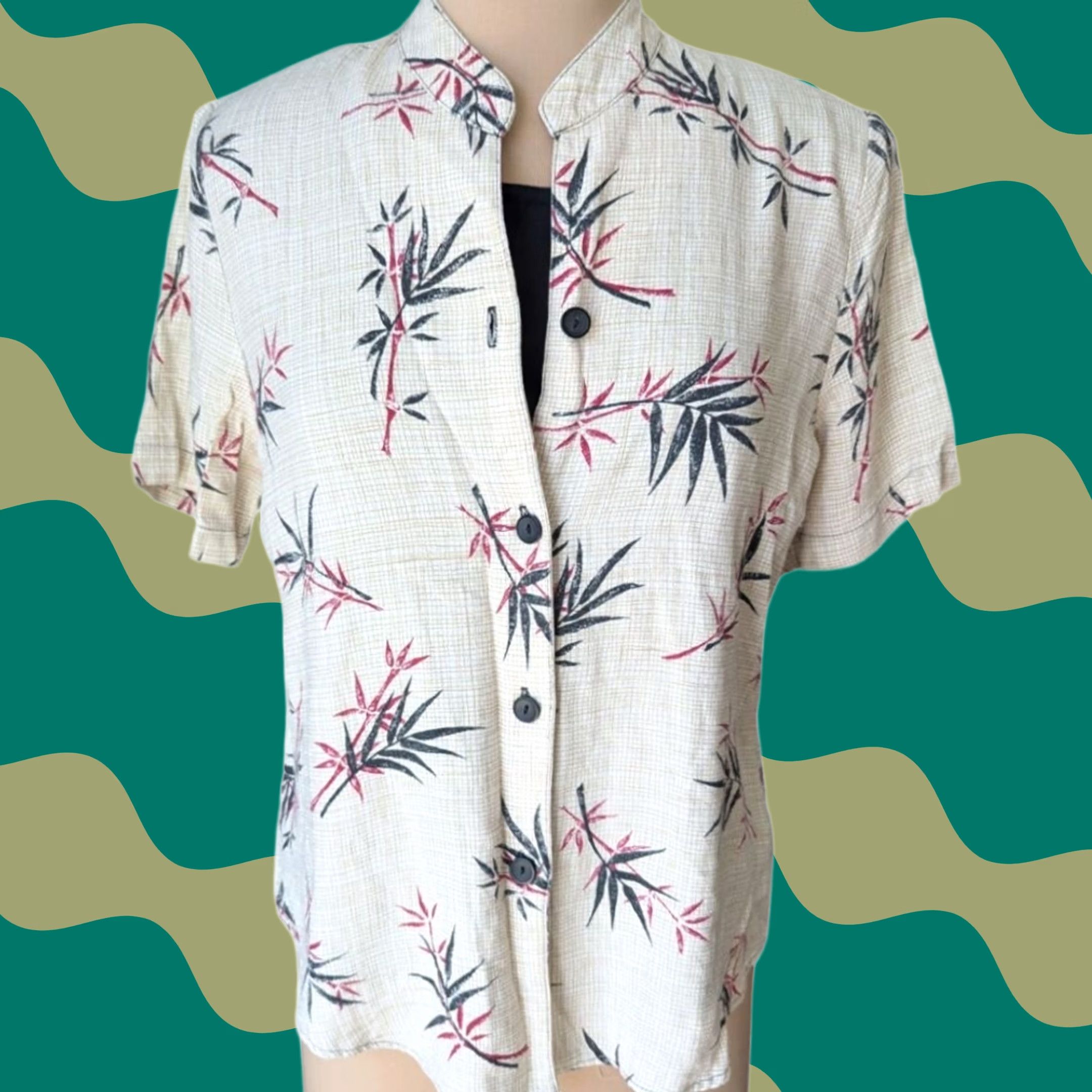 Vintage VINTAGE Gloria Lance Blouse Womens Sz L Cream Bamboo Print Button Front Mandarin Collar Layered Size L / US 10 / IT 46 - 1 Thumbnail