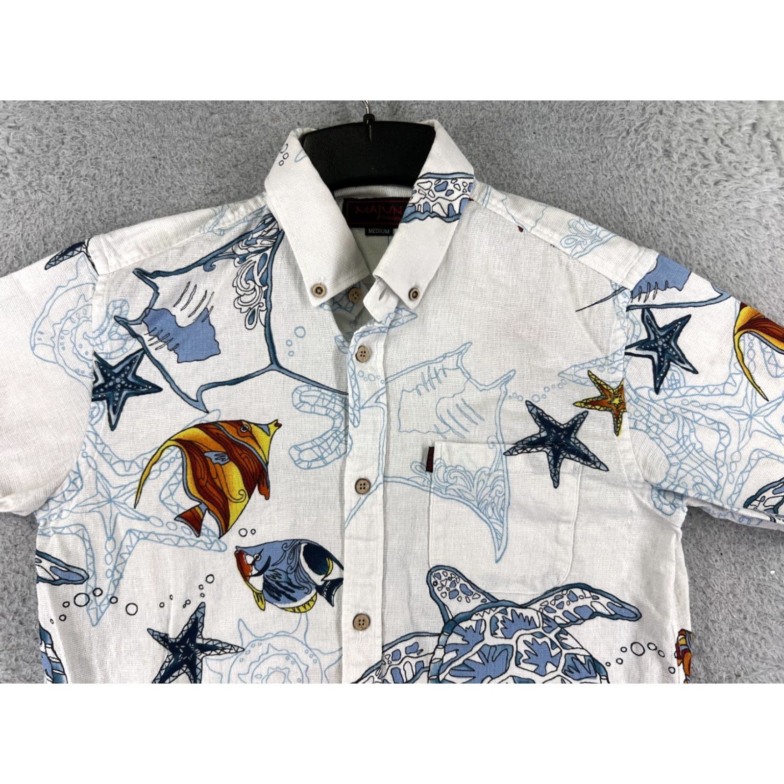 Vintage Majun Shirt Mens Medium White Blue Tropical Fish Sea Turtle Button Up Japan Size US M / EU 48-50 / 2 - 6 Thumbnail