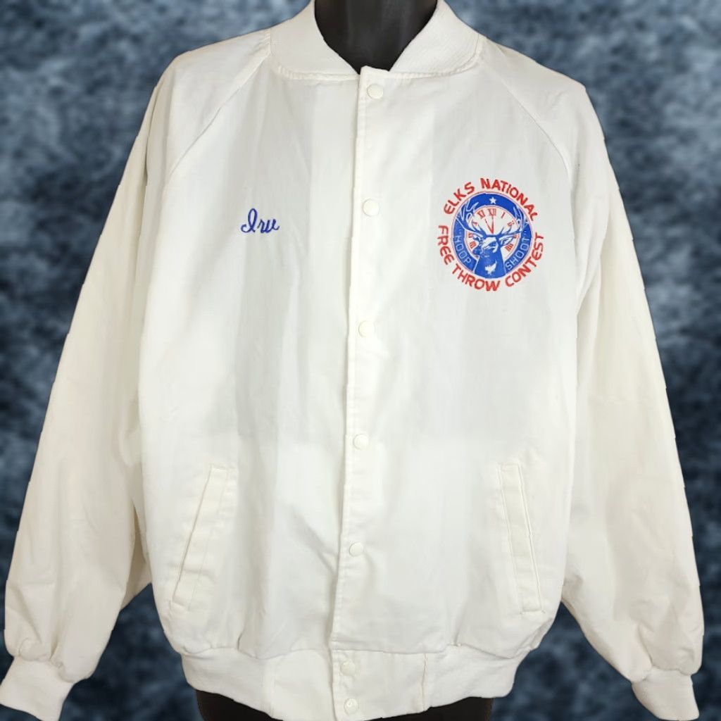 Vintage VINTAGE Elks National Hoop Shoot Bomber Jacket Mens XL 80s Made In USA Nemesis White Cotton Snap Front Sports Basketball Mens Size US XL / EU 56 / 4 - 1 Thumbnail