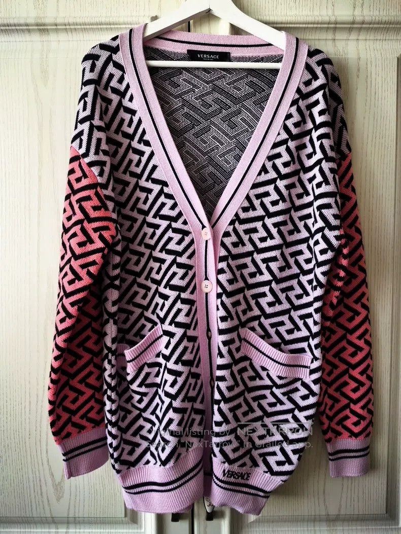 Versace Versace Knitted cardigan with a pink black maze pattern Size S / US 4 / IT 40 - 1 Thumbnail
