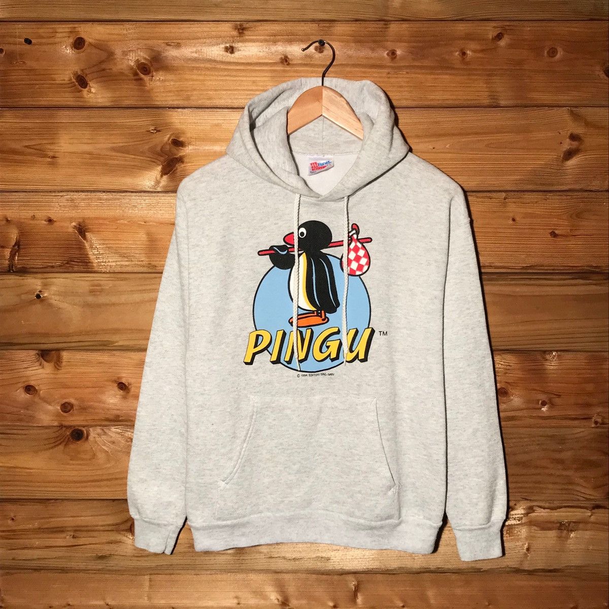 image of Cartoon Network x Vintage 1994 Pingu Editoy Spellout Cartoon Tv Promo Hoodie in Grey (Size Medium)