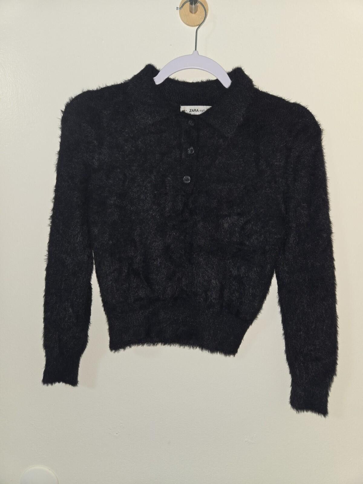 Zara Zara Knit Black Polo Sweater Long Sleeve Button Cropped Size S / US 4 / IT 40 - 1 Thumbnail