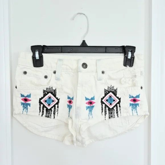 Vacation Carmar Aztec Rigid Denim Mini Shorts Distressed Embroidered Size 24" / US 00 / IT 34 - 3 Thumbnail