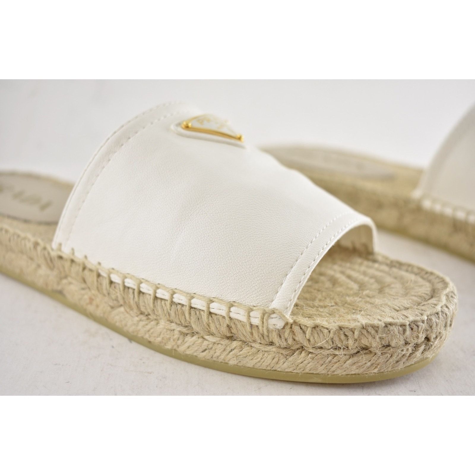 Prada Prada Gold Triangle Logo Avorio White Leather Espadrille 37 Size US 7 / IT 37 - 8 Thumbnail