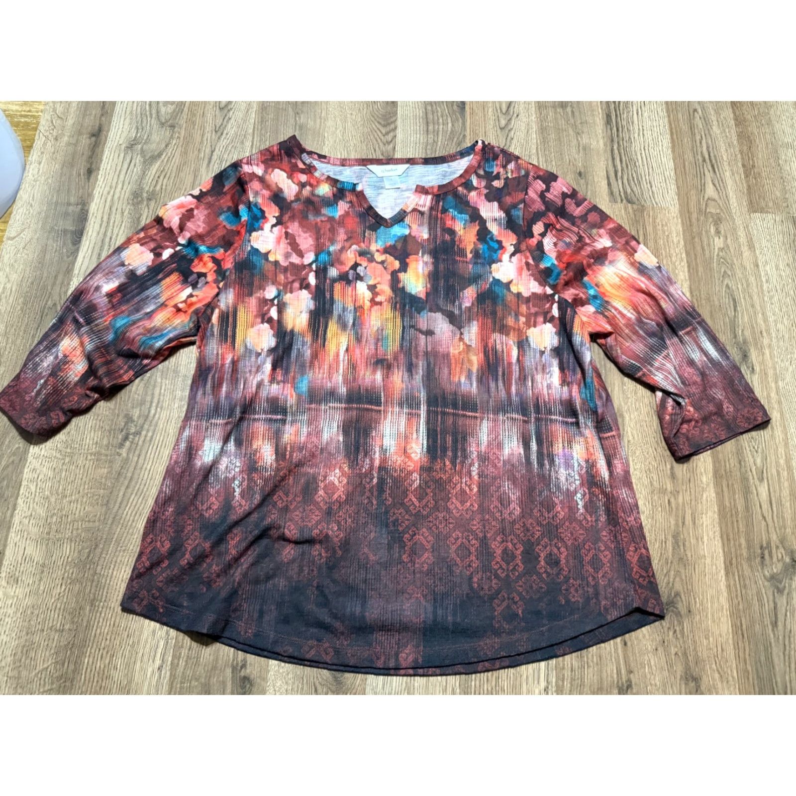 Vintage CJ Banks Shirt Women's 1X V-Neck 3/4 Sleeve T-Shirt Casual Red Orange Blue Black Satin? Size XL / US 12-14 / IT 48-50 - 2 Thumbnail