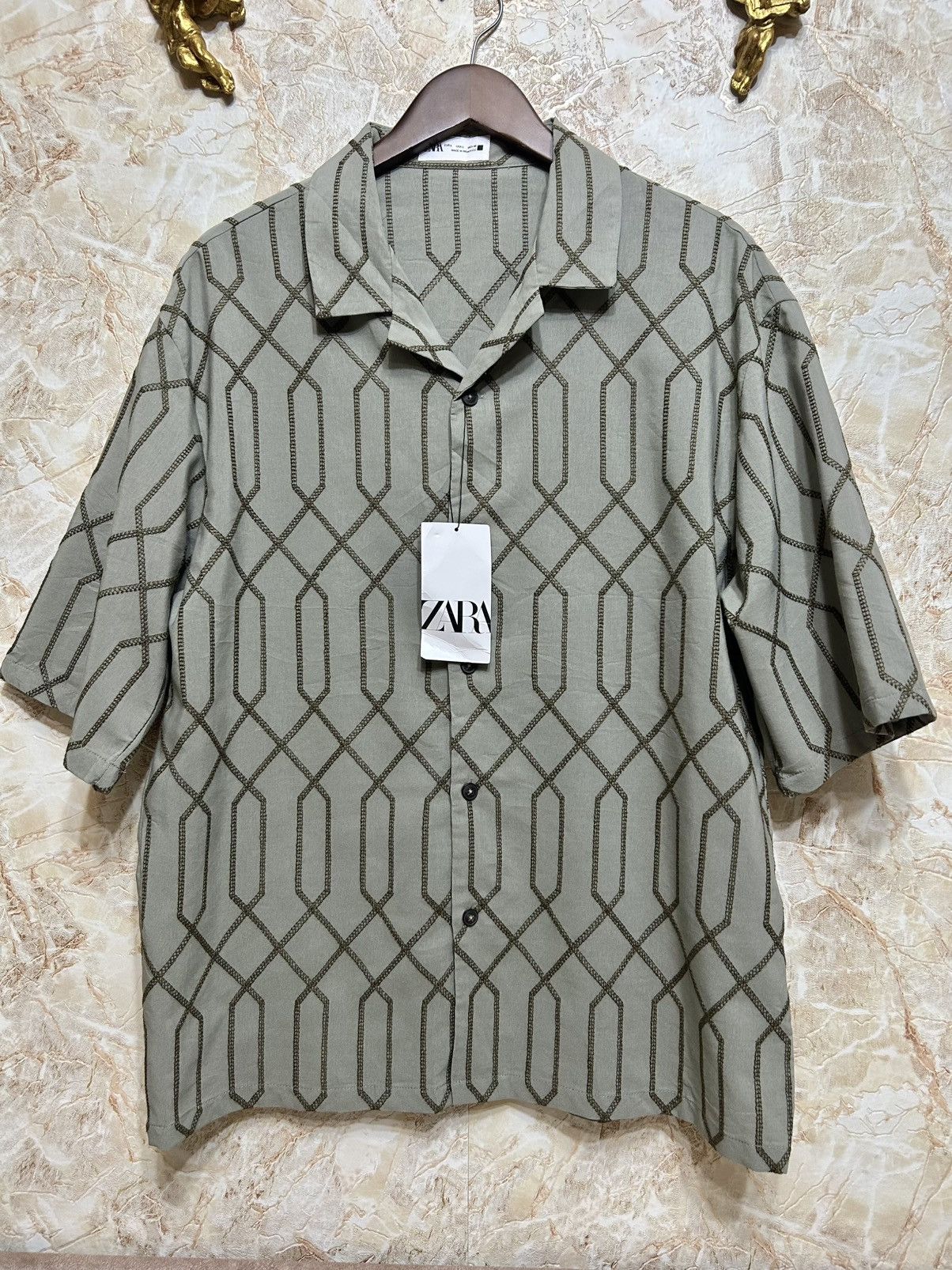 ZARA Geometric Print Button-Up Shirt Relaxed Fit Camp Summer