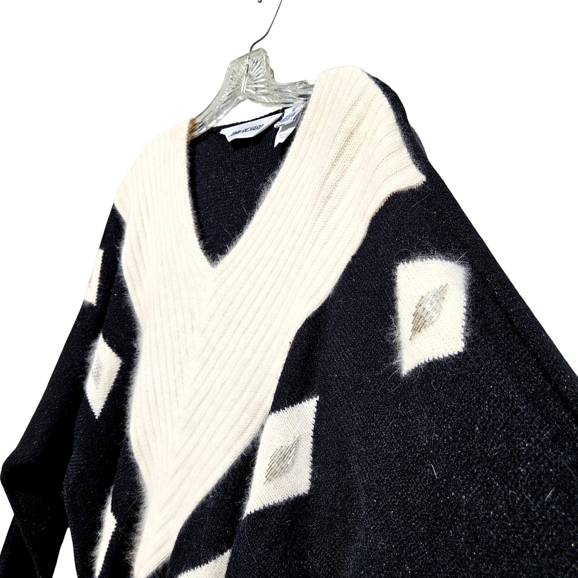 Vintage John Richard 80s Angora Beaded Diamond Sweater Black Ivory M Size M / US 6-8 / IT 42-44 - 8 Thumbnail
